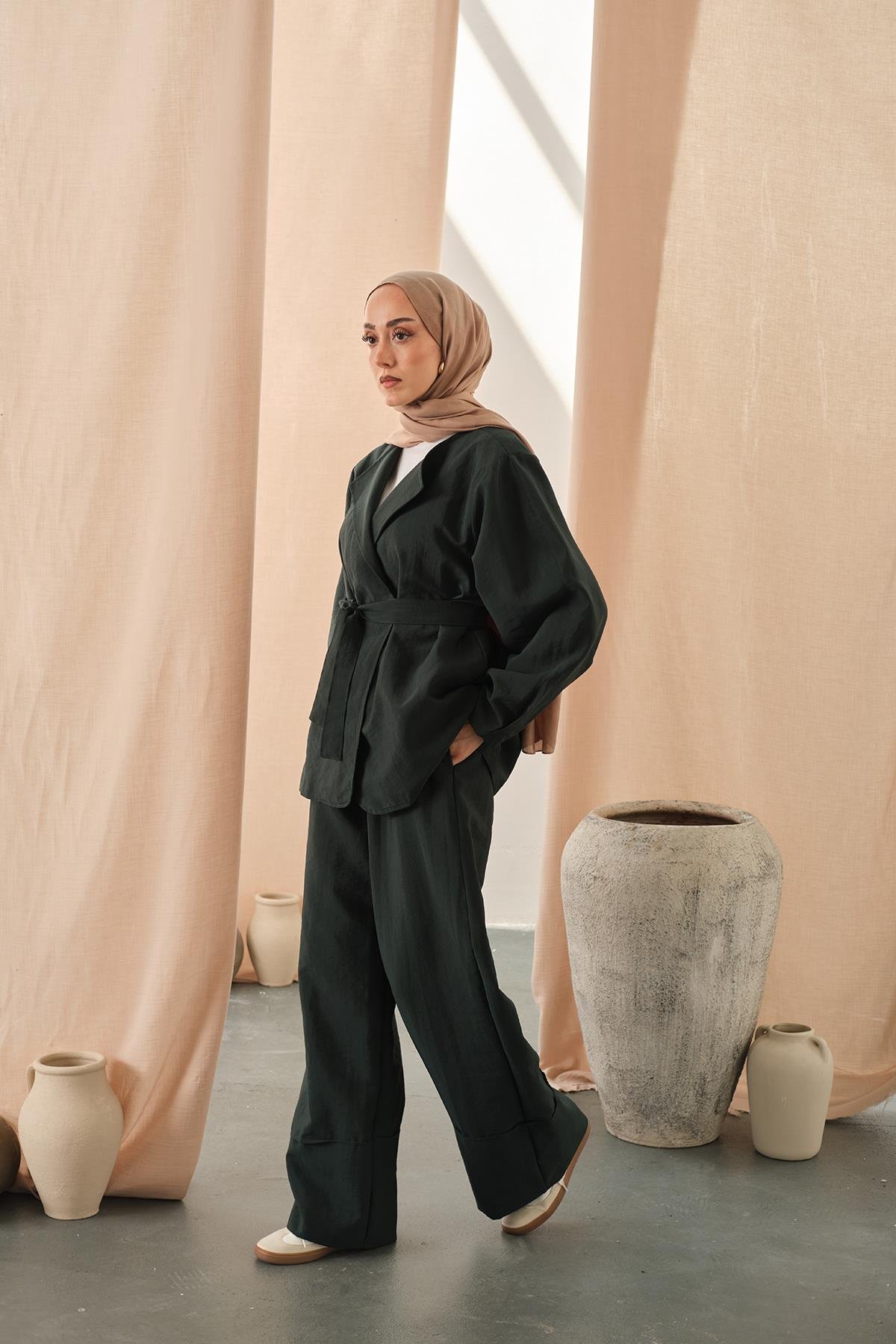 Bel Bağlamalı Kimono Takım Zümrüt Yeşil