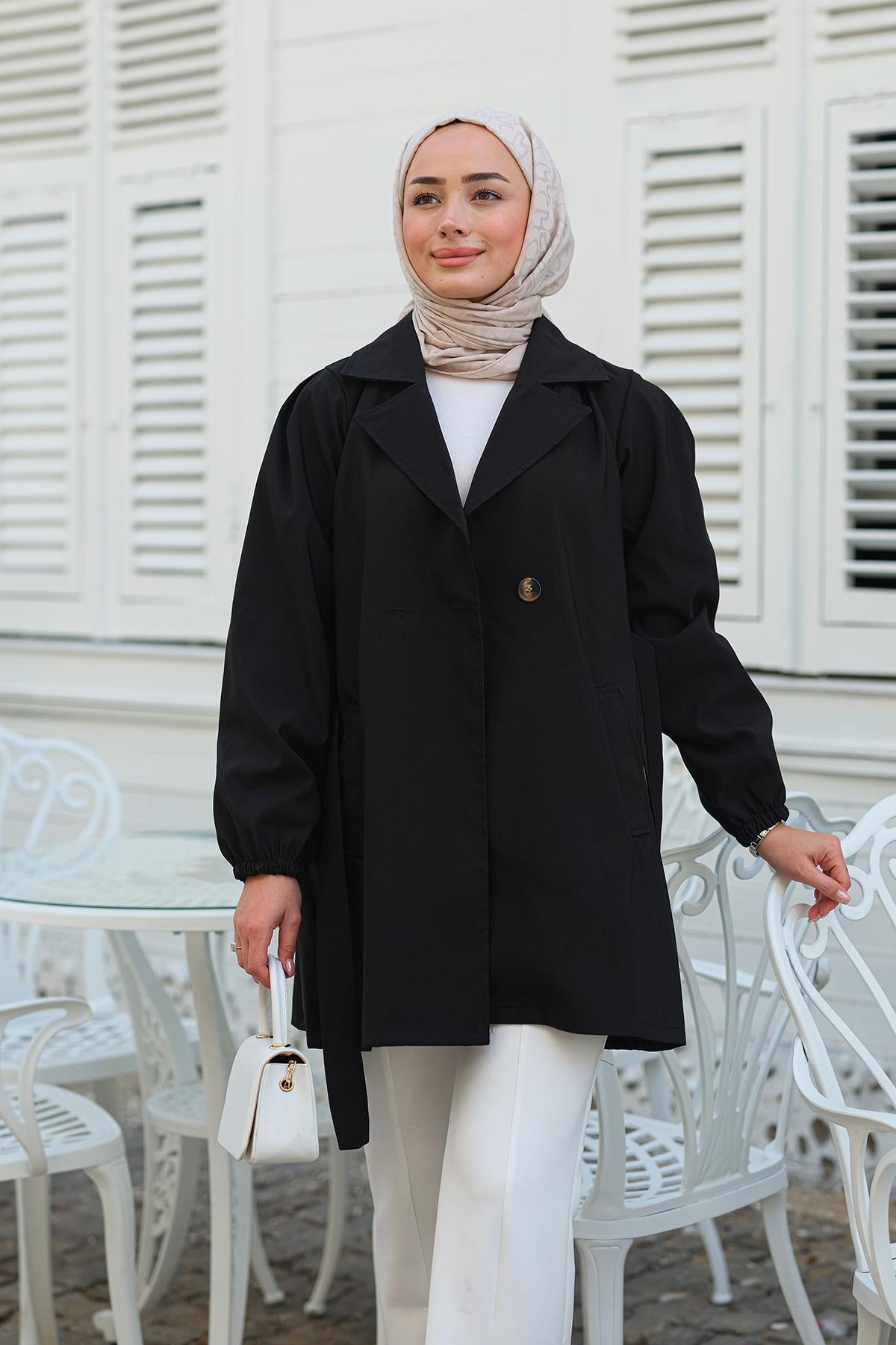 Bel Bağlamalı Kısa Trenç Siyah