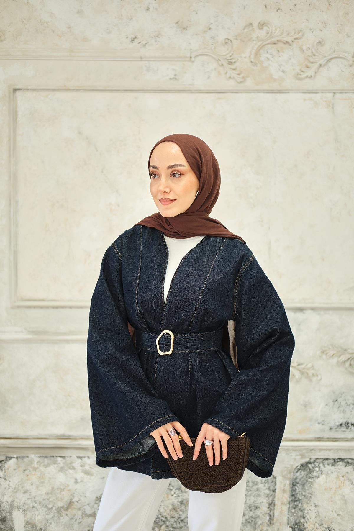 Bel Bağlamalı Kot Ceket Mavi