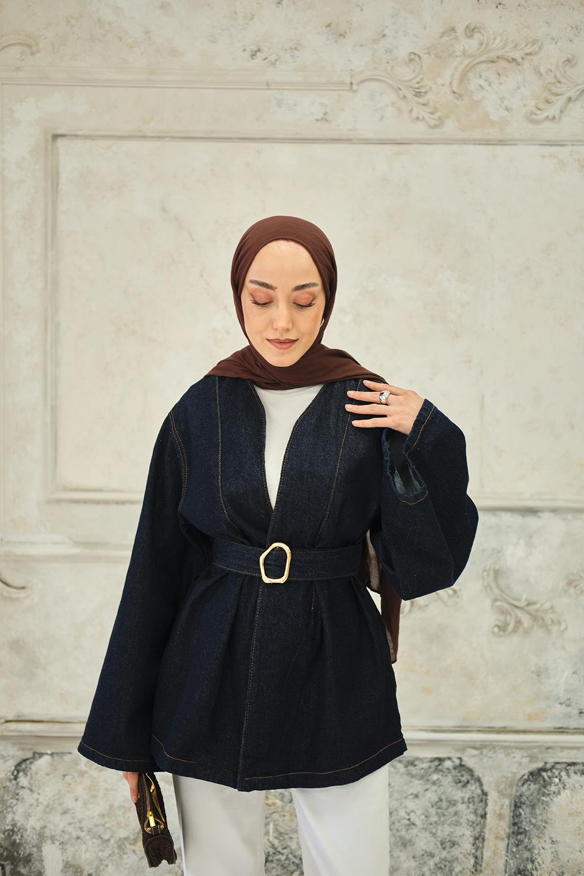 Bel Bağlamalı Kot Ceket Mavi