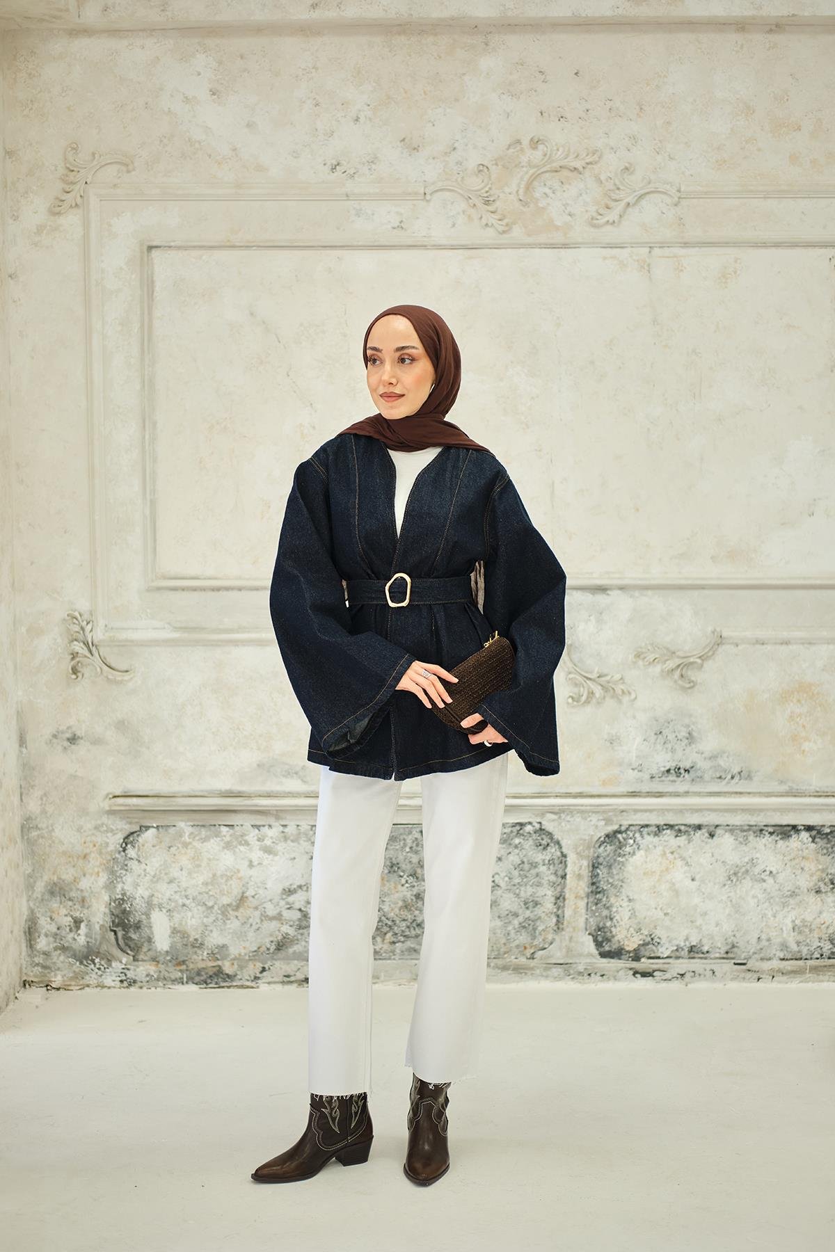 Bel Bağlamalı Kot Ceket Mavi