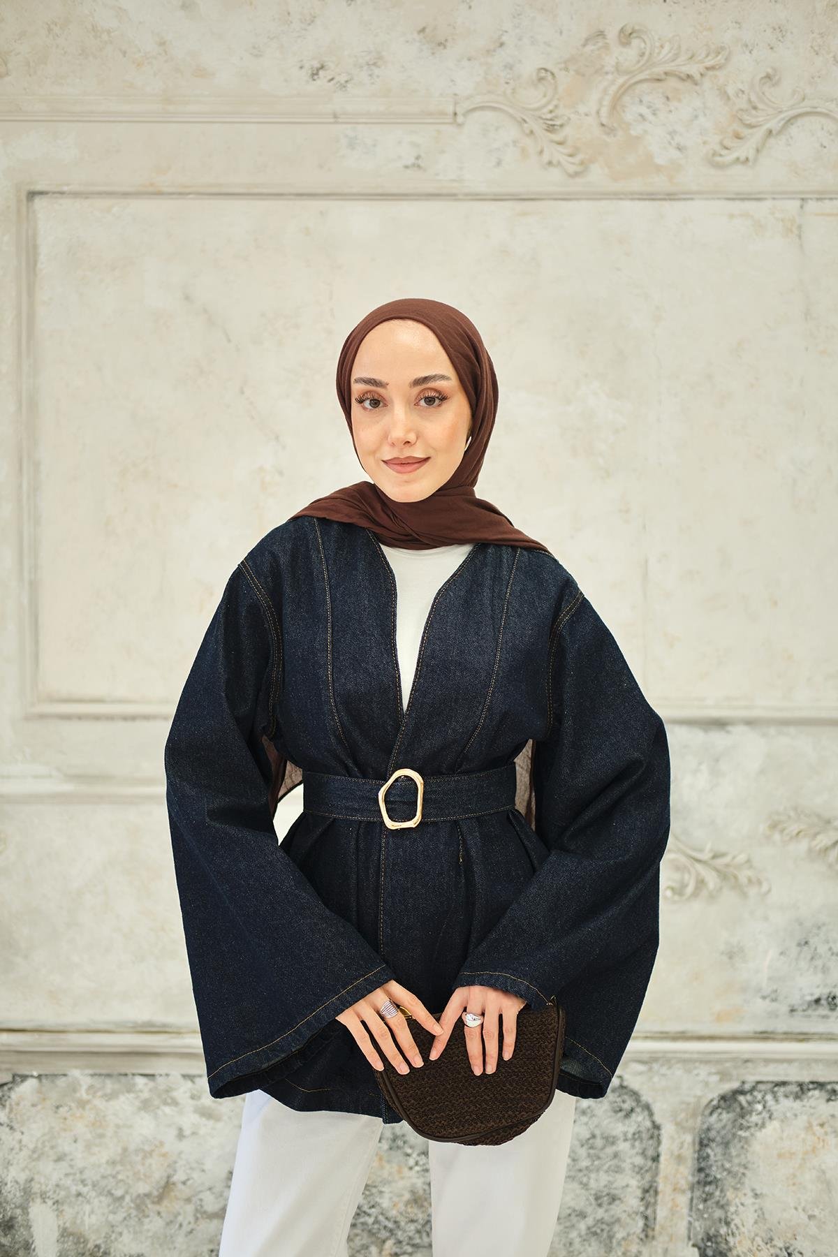 Bel Bağlamalı Kot Ceket Mavi