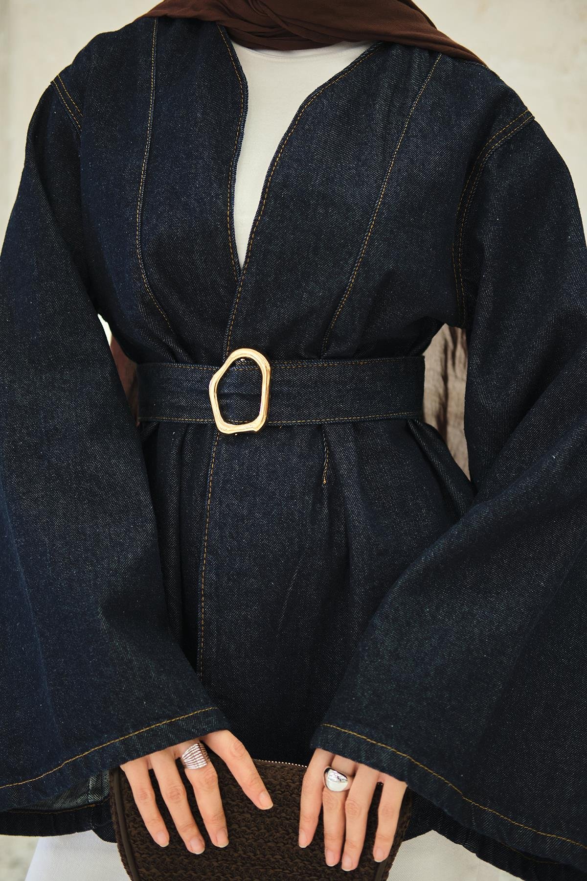 Bel Bağlamalı Kot Ceket Mavi