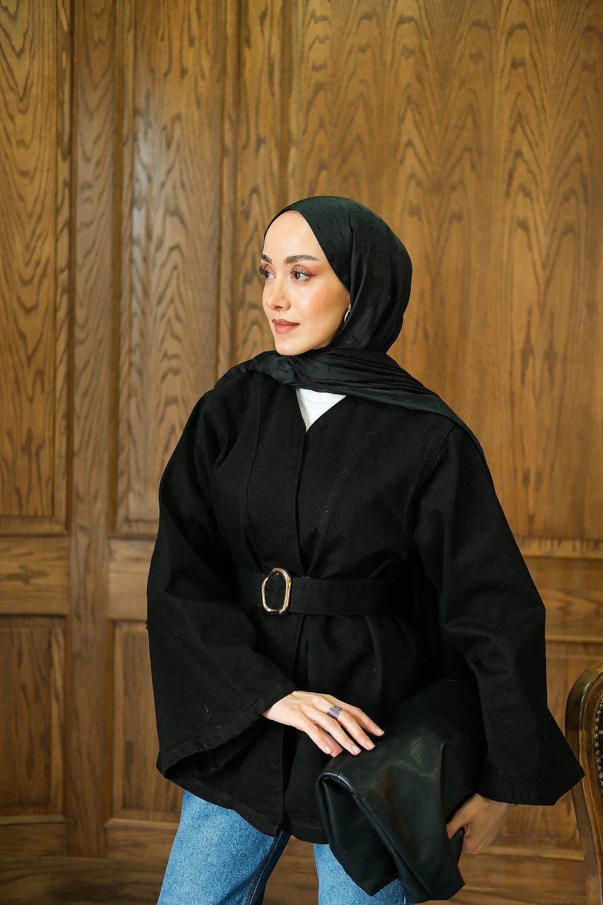 Bel Bağlamalı Kot Ceket Siyah