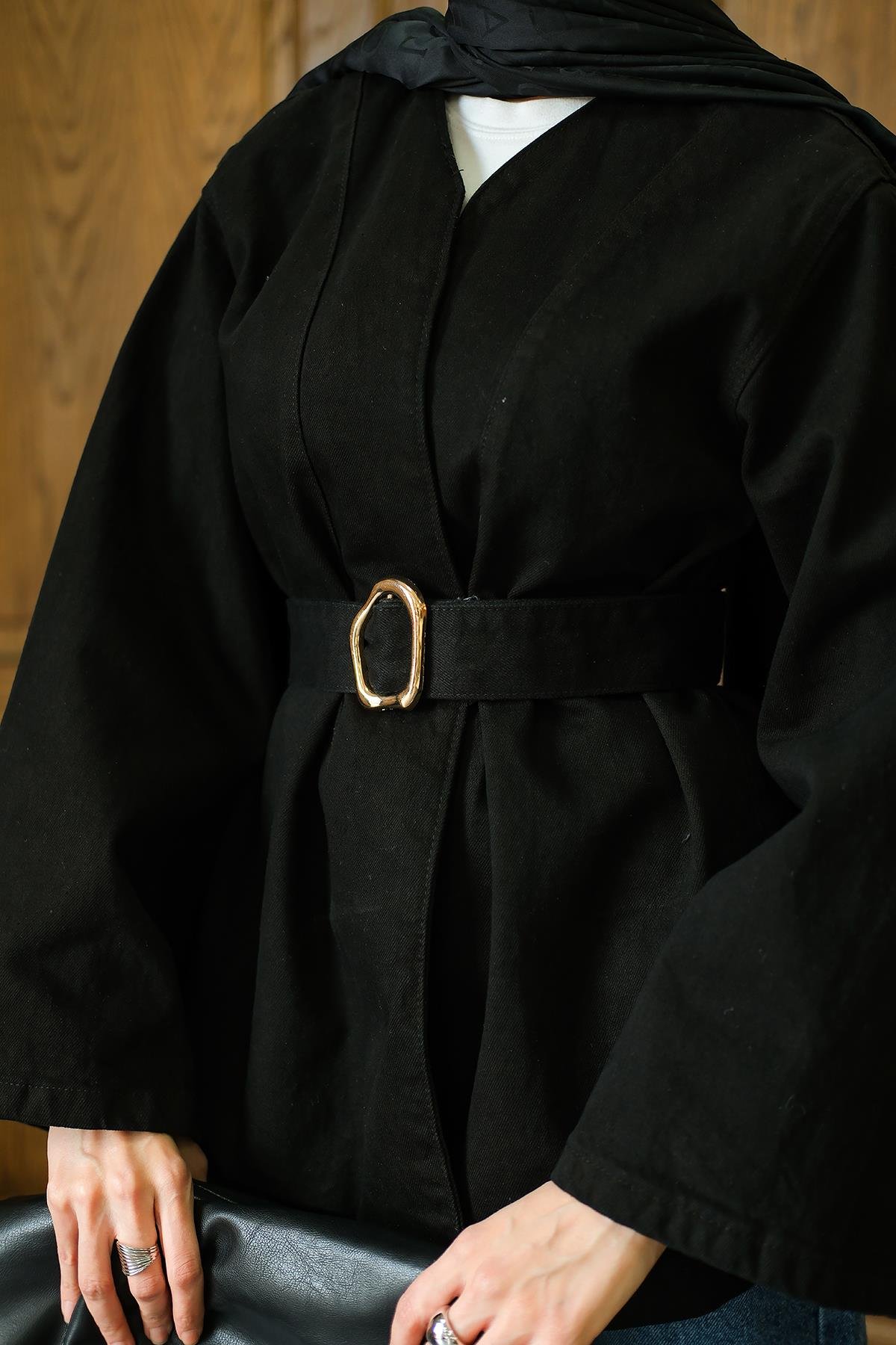 Bel Bağlamalı Kot Ceket Siyah