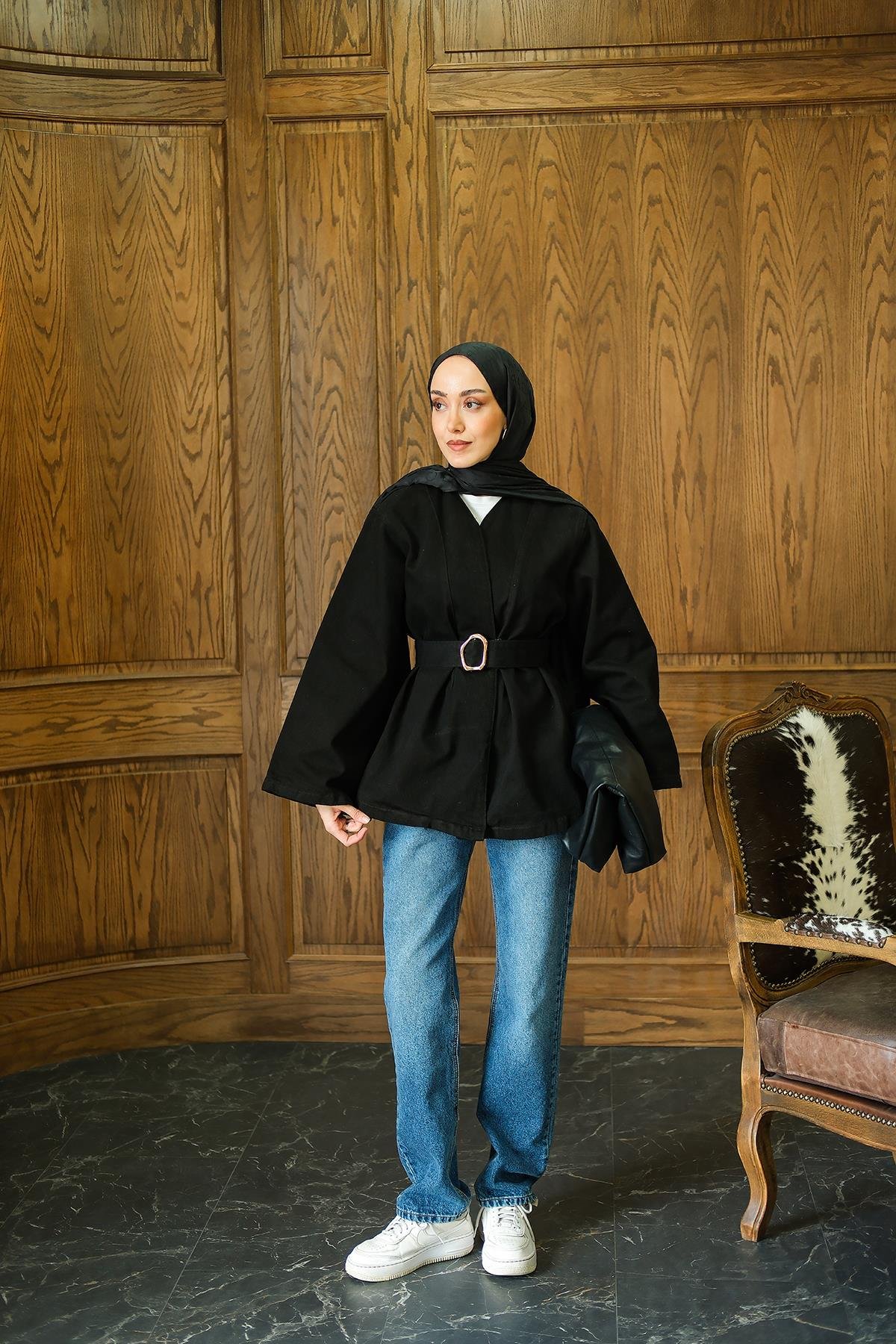 Bel Bağlamalı Kot Ceket Siyah