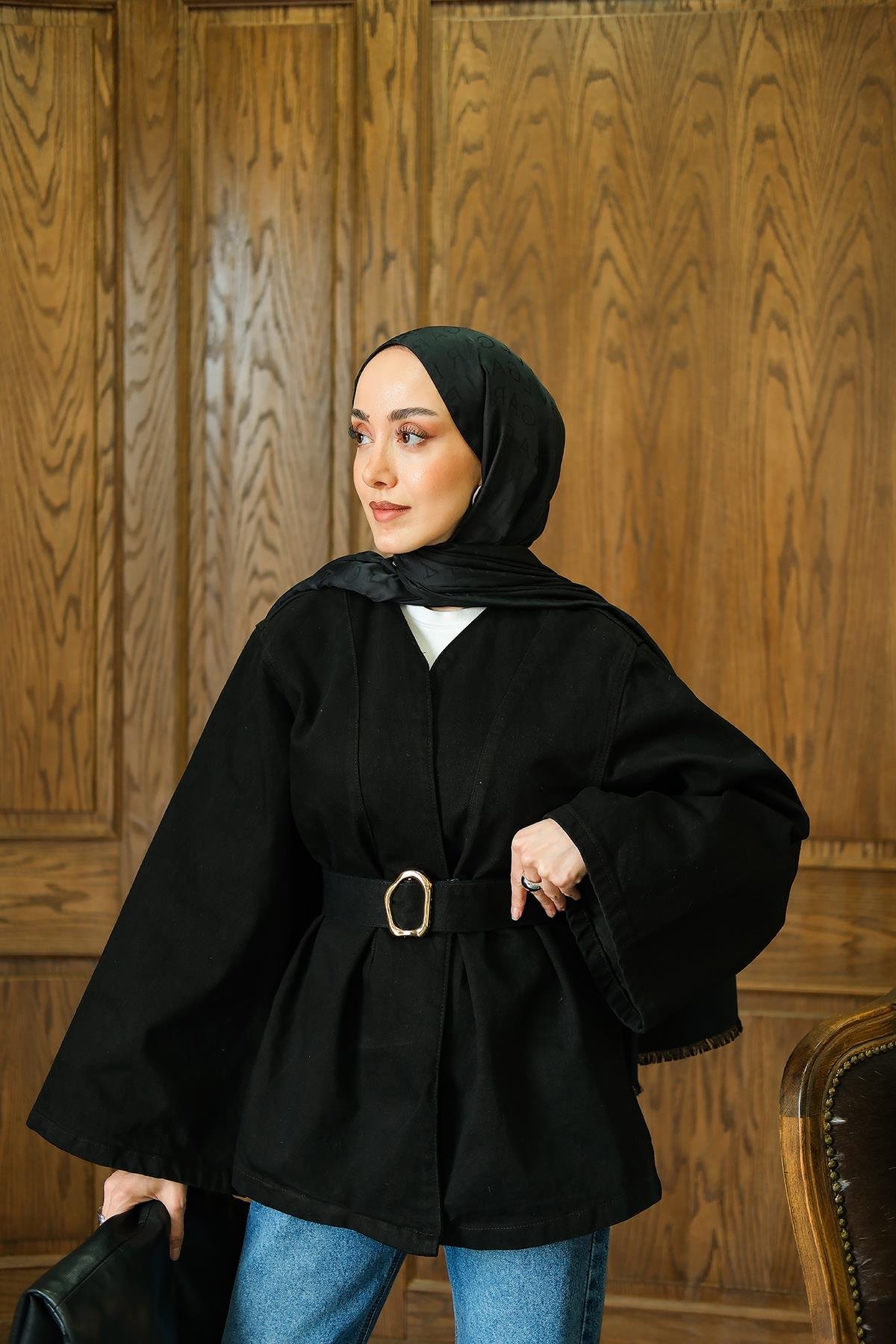 Bel Bağlamalı Kot Ceket Siyah
