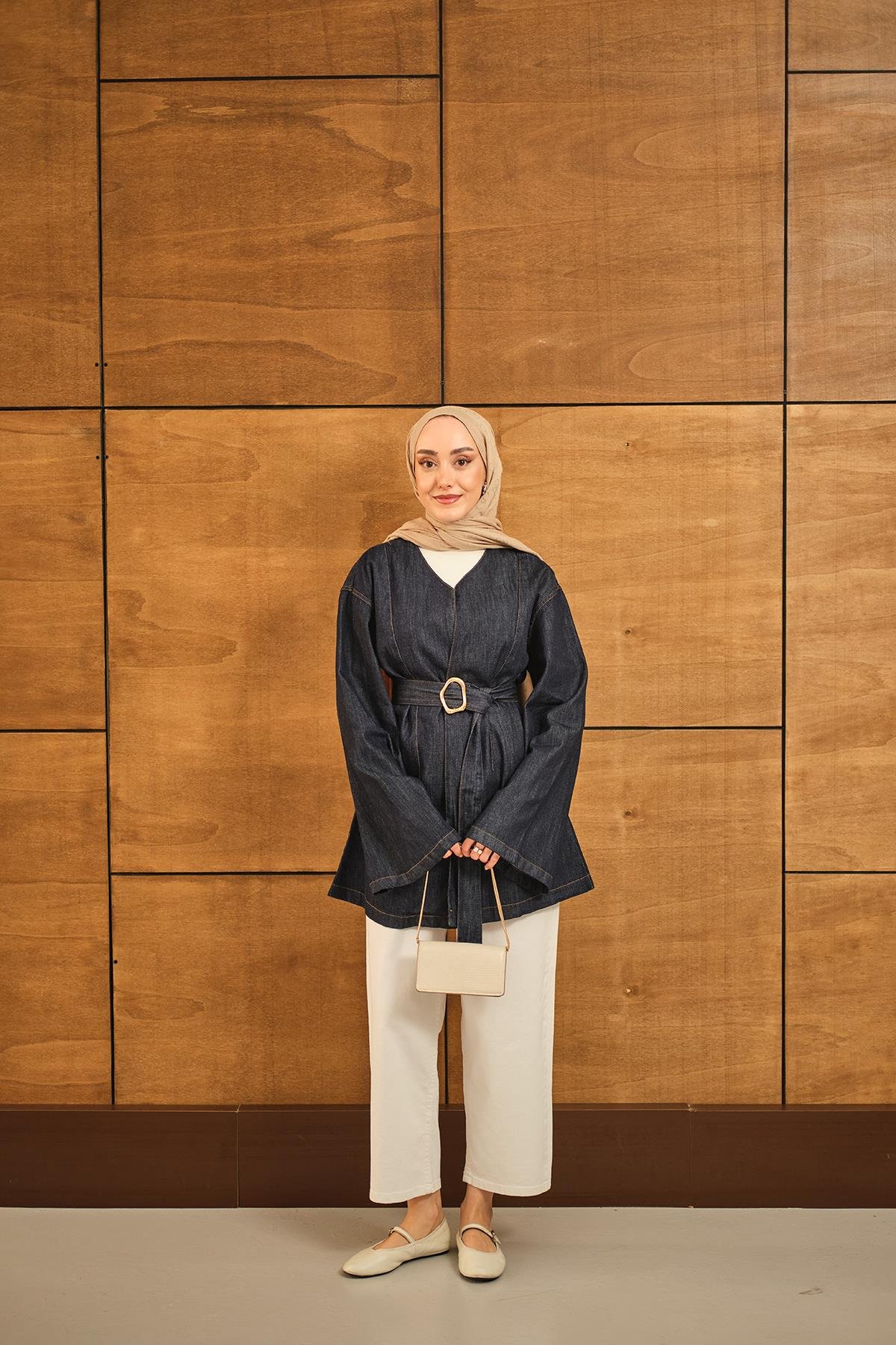 Bel Bağlamalı Kot Kimono Lacivert