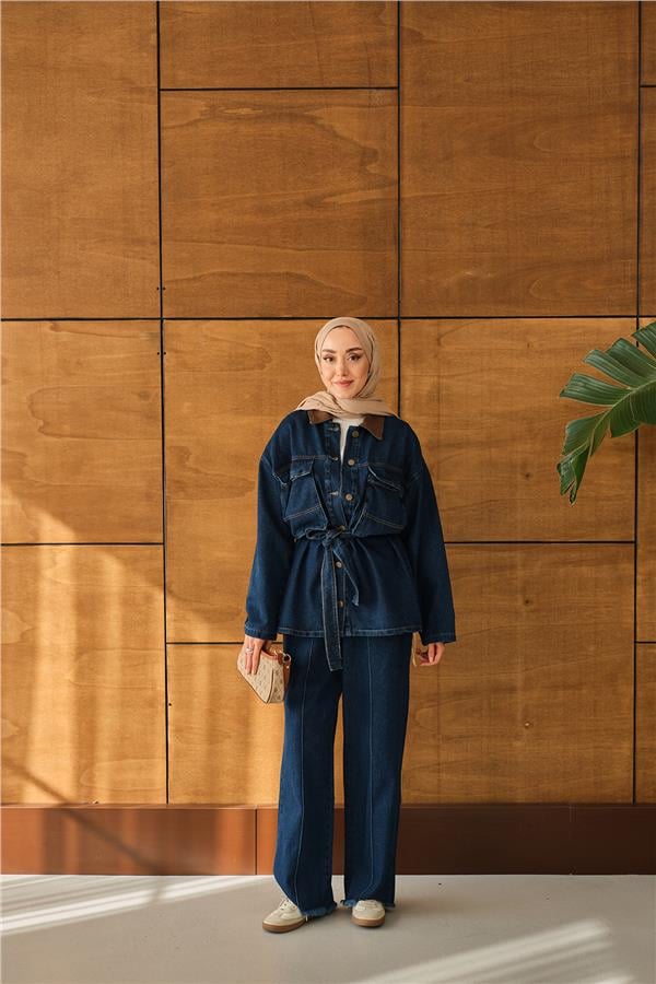 Bel Bağlamalı Kot Takım Mavi