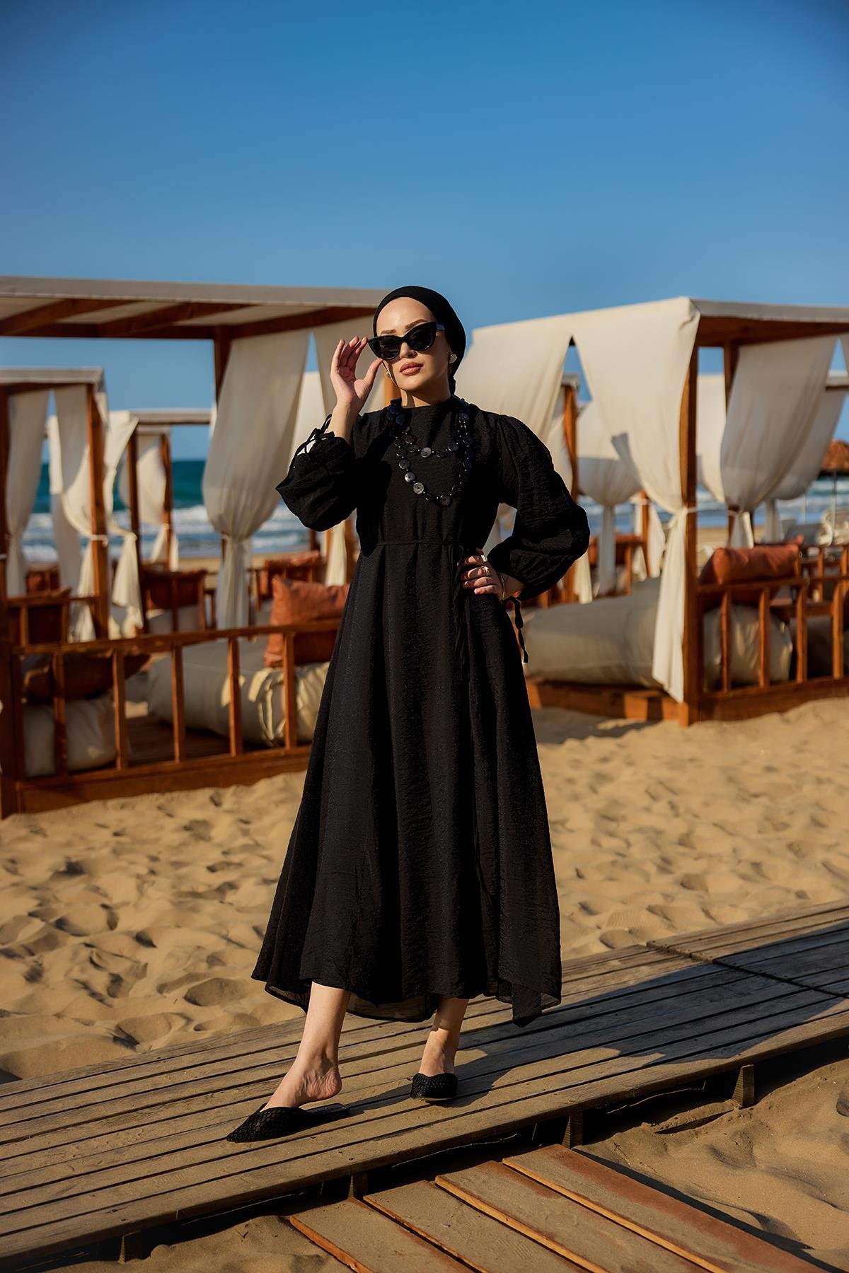 Bel Bağlamalı Laced Elbise Siyah