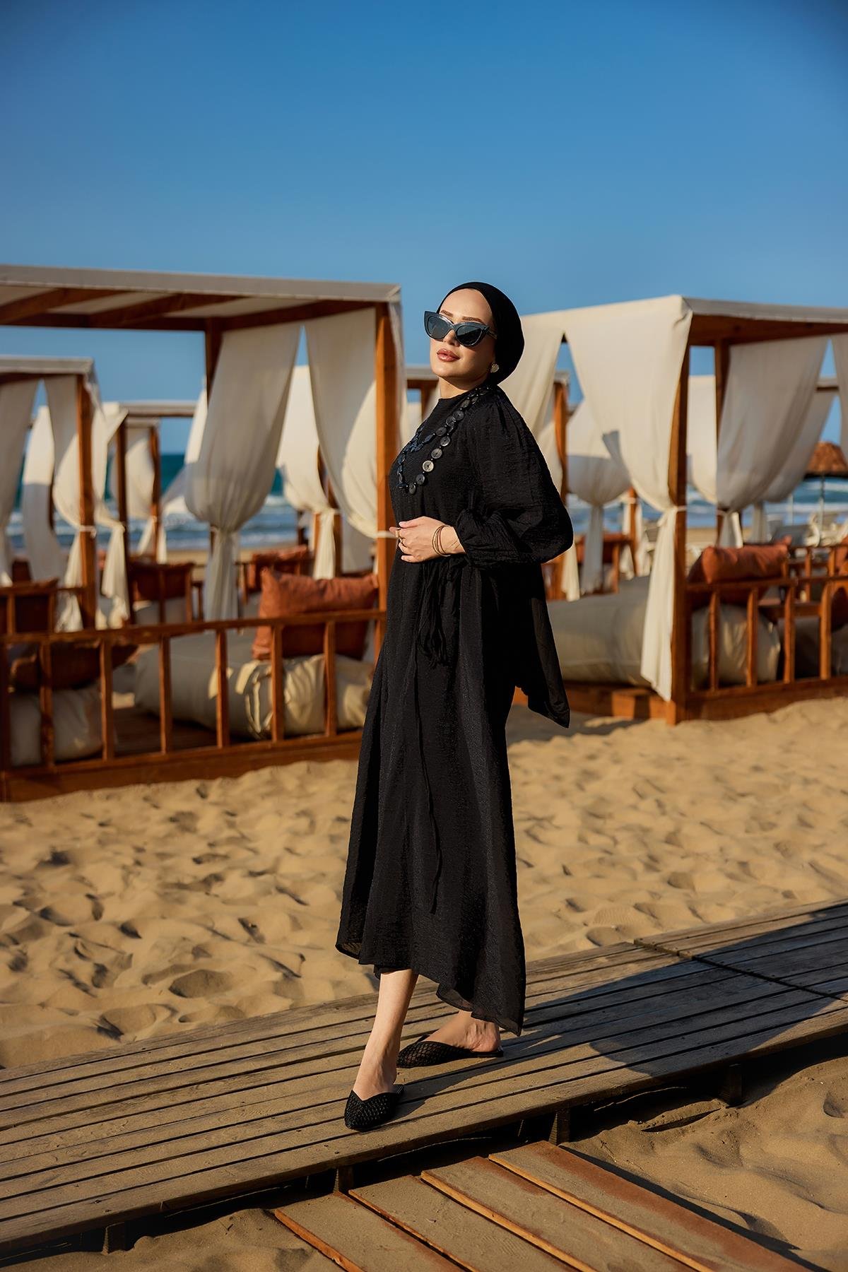 Bel Bağlamalı Laced Elbise Siyah