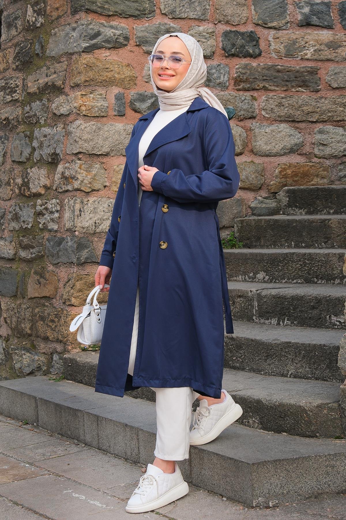 Bel Bağlamalı Su İtici Trençkot Lacivert