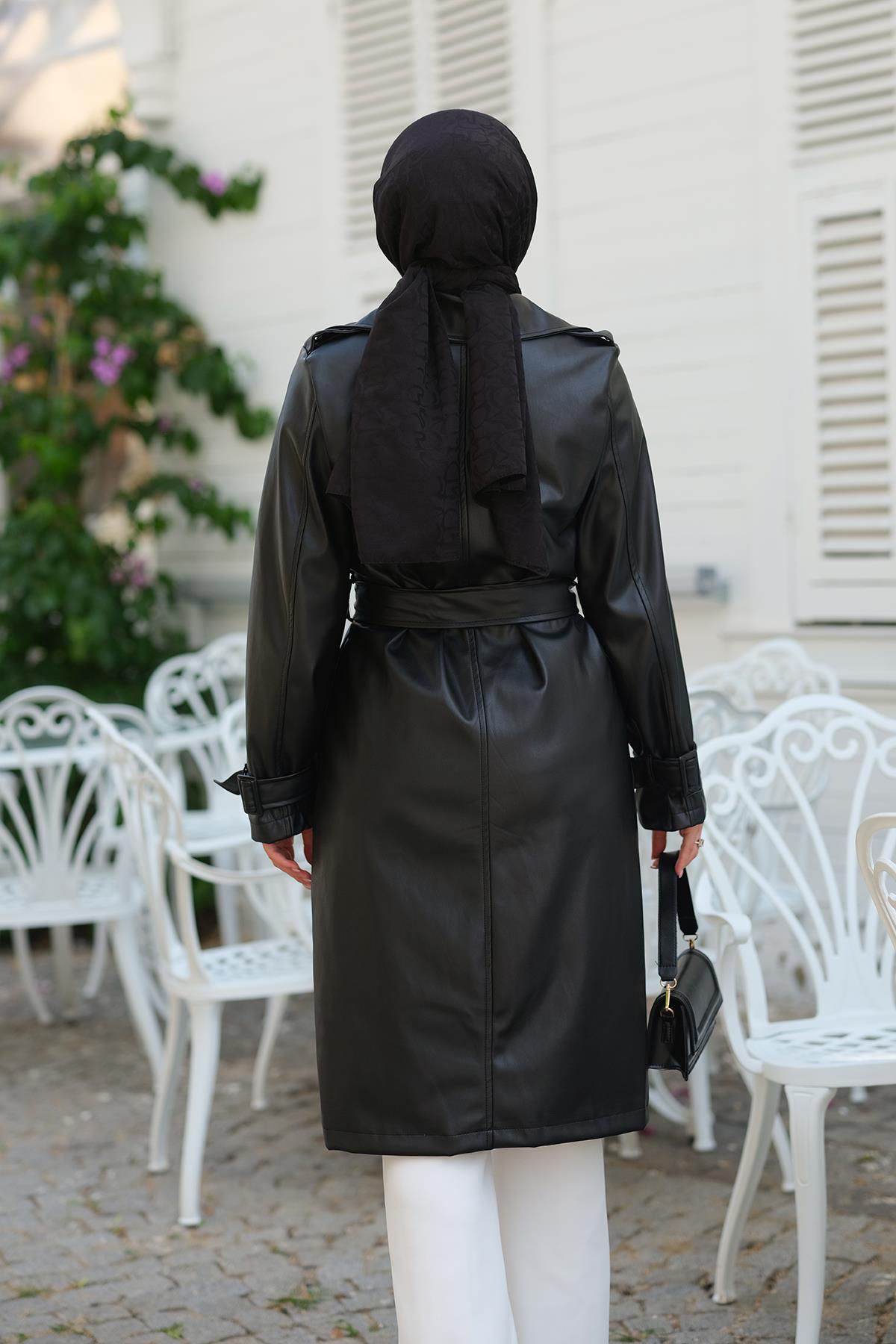 Bel Bağlamalı trençkot Siyah