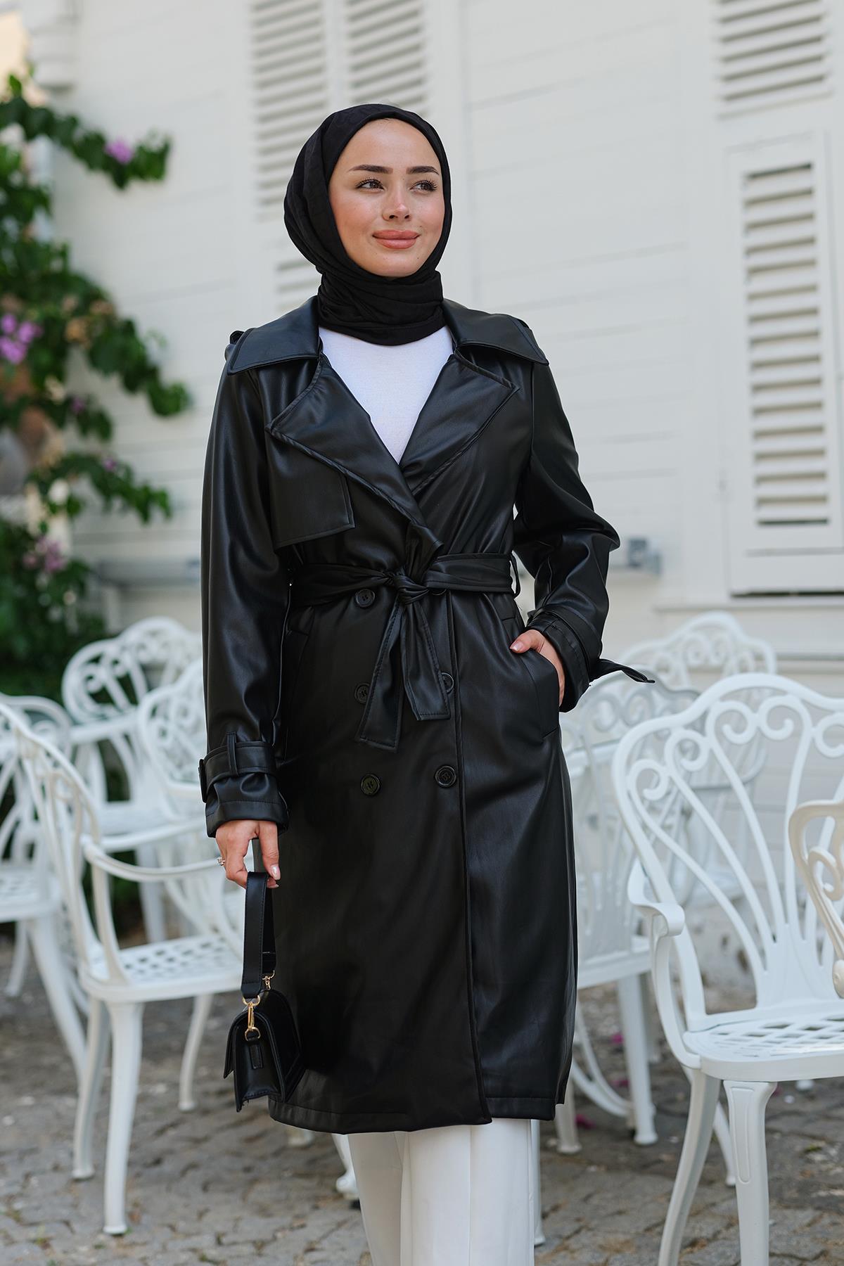 Bel Bağlamalı trençkot Siyah