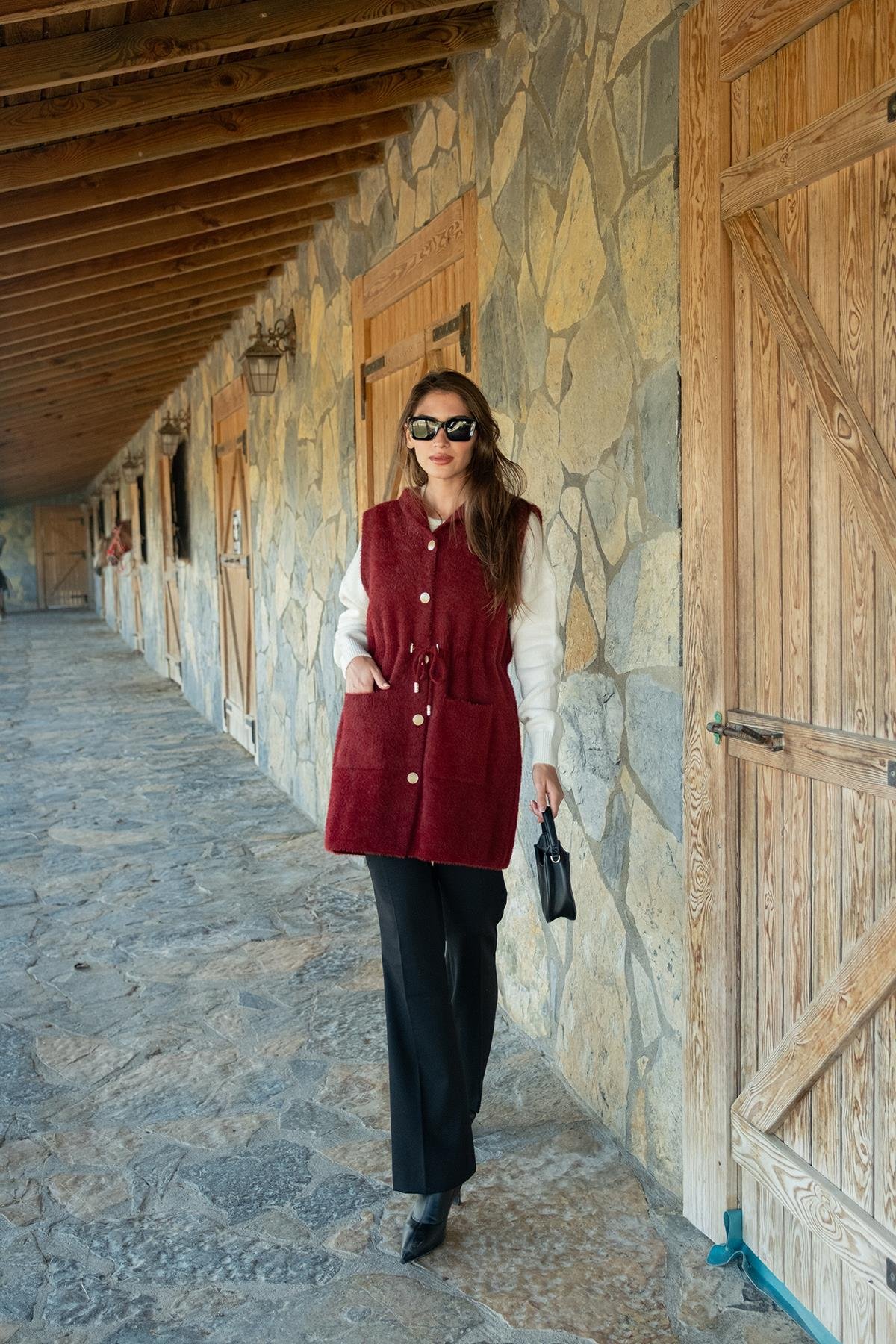 Bel Bağlamalı Triko Yelek Bordo