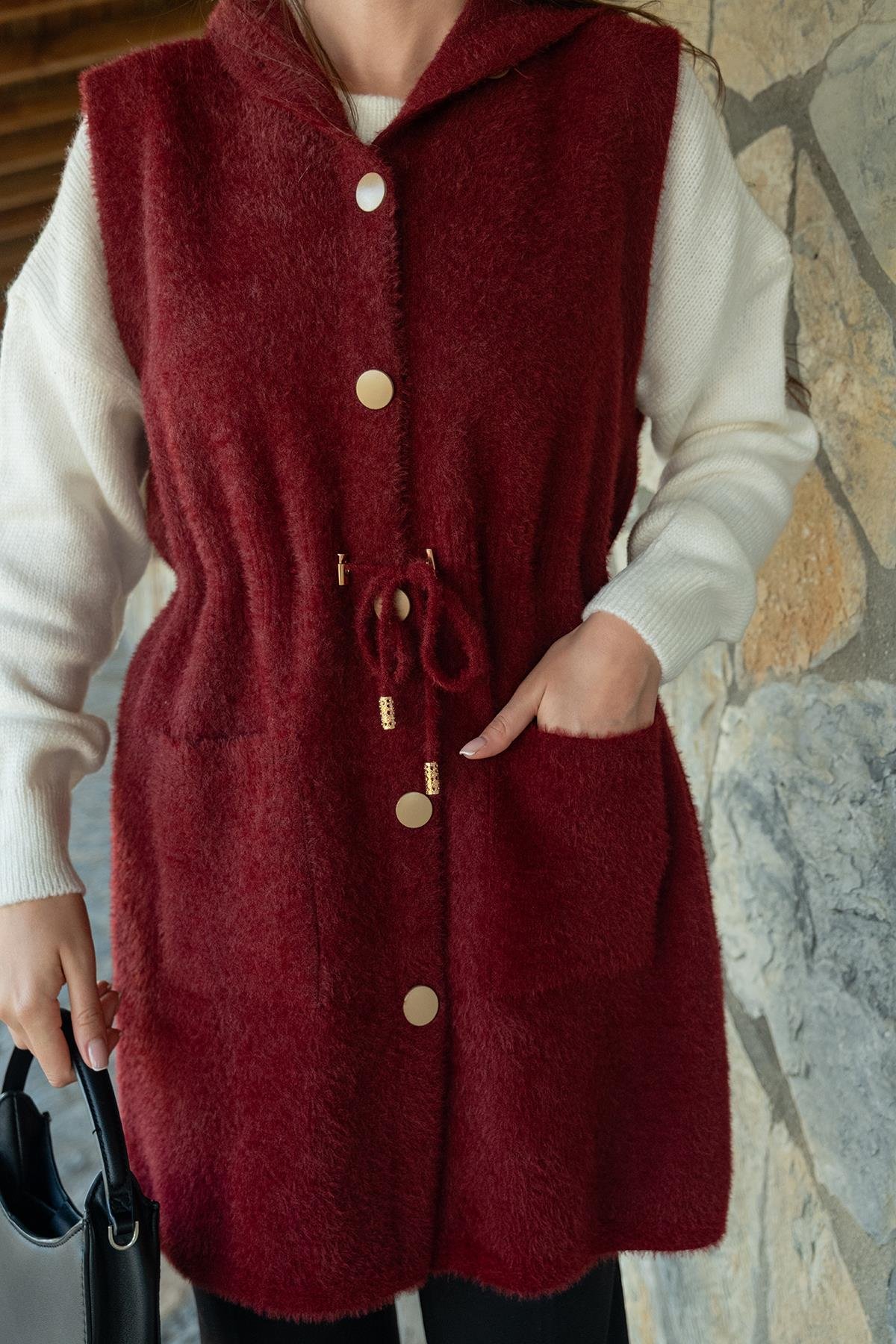 Bel Bağlamalı Triko Yelek Bordo