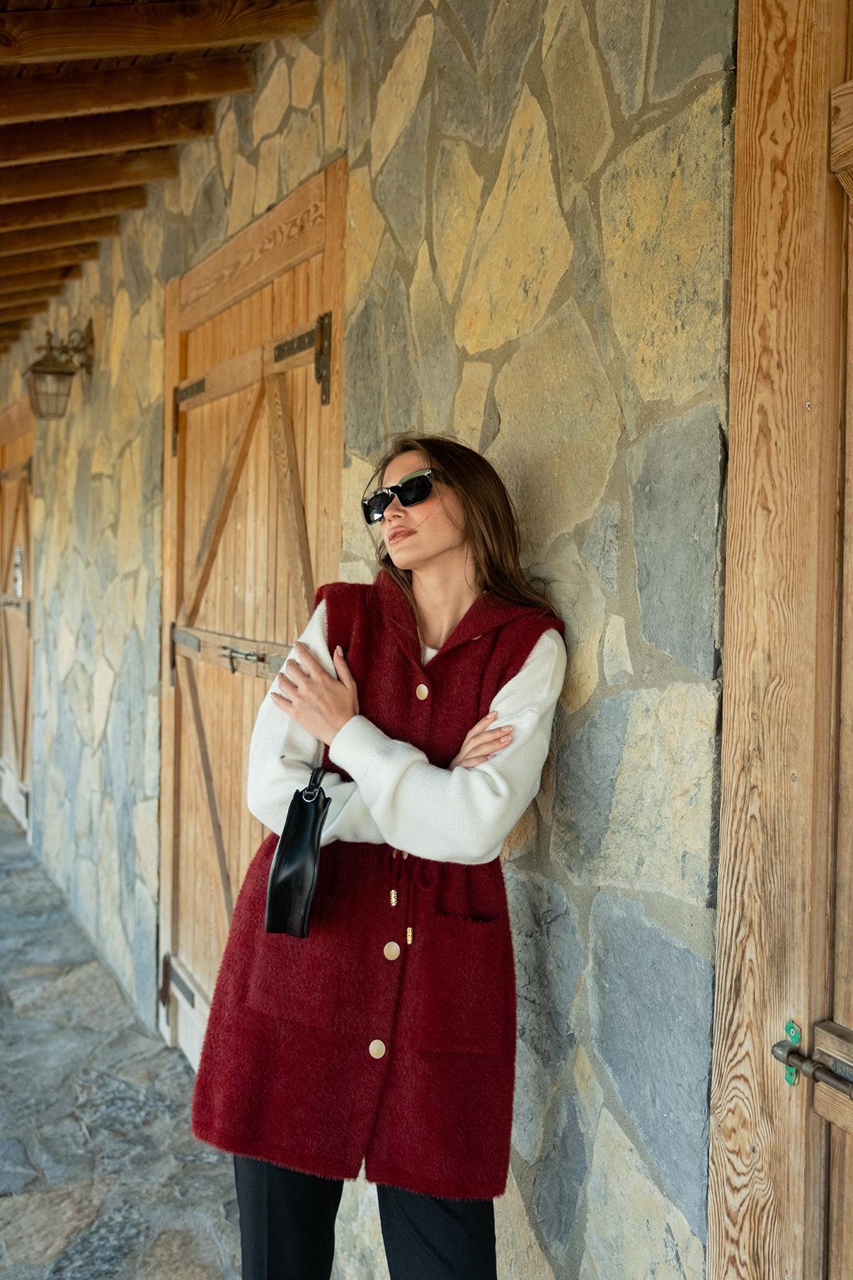 Bel Bağlamalı Triko Yelek Bordo