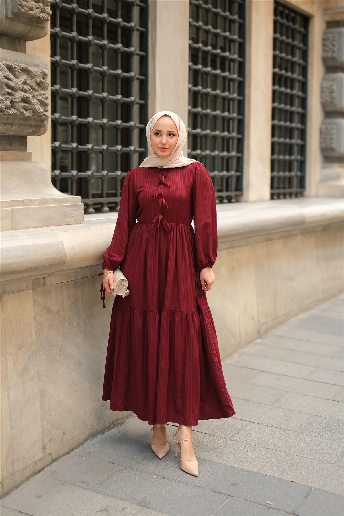 Bel Büzgülü Elbise Bordo