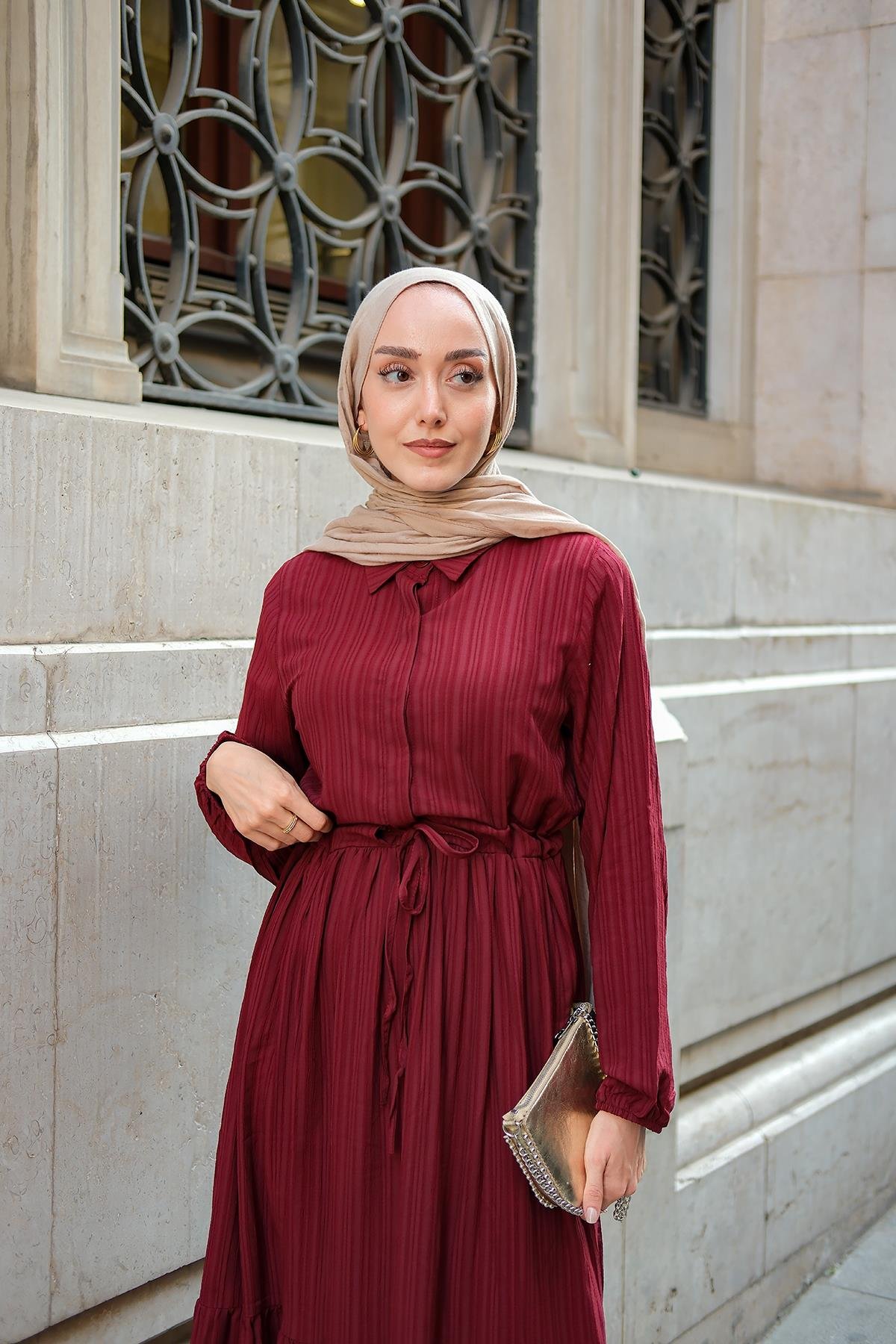 BEL BUZGULU ELBISE Bordo