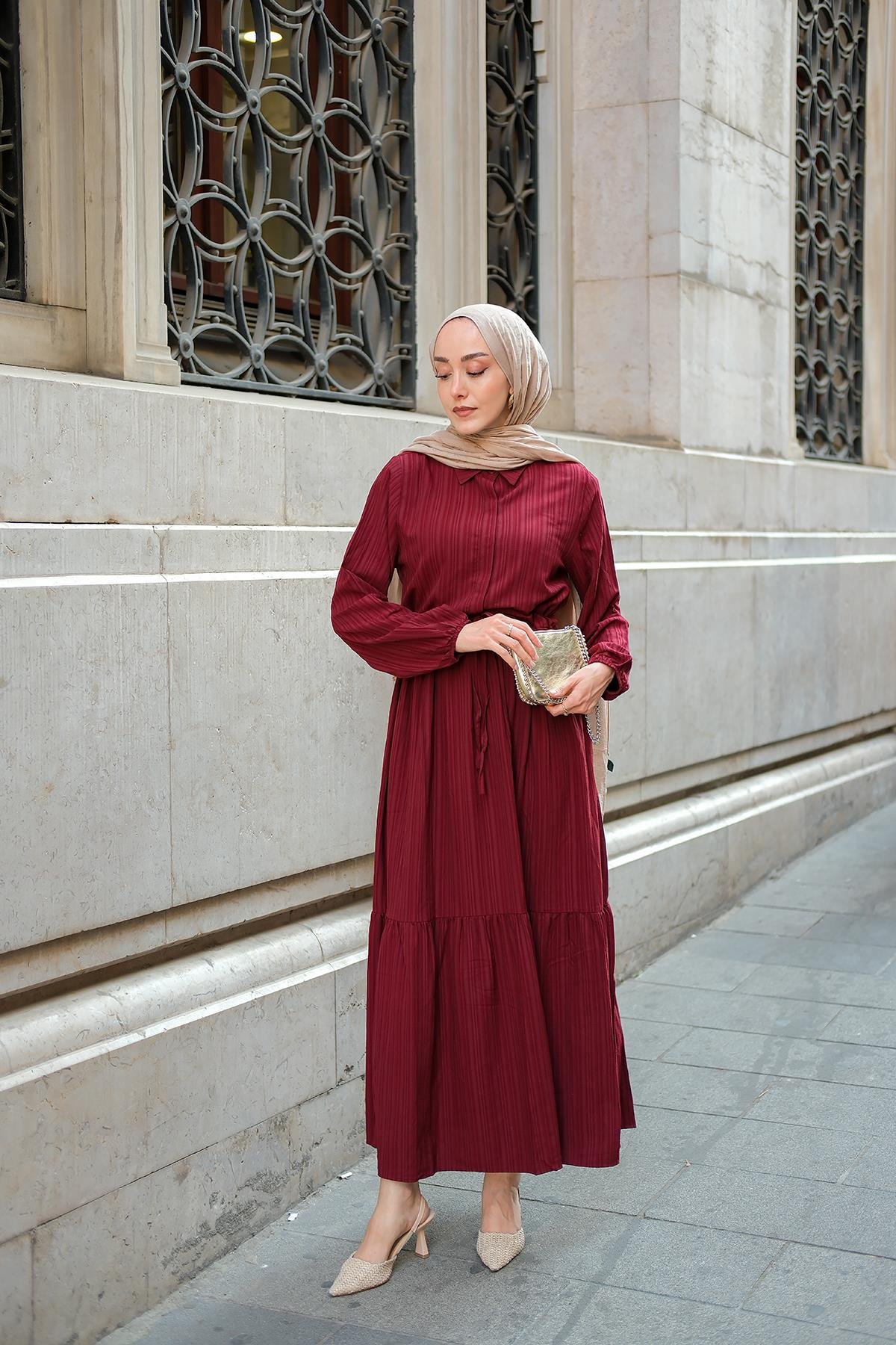 BEL BUZGULU ELBISE Bordo