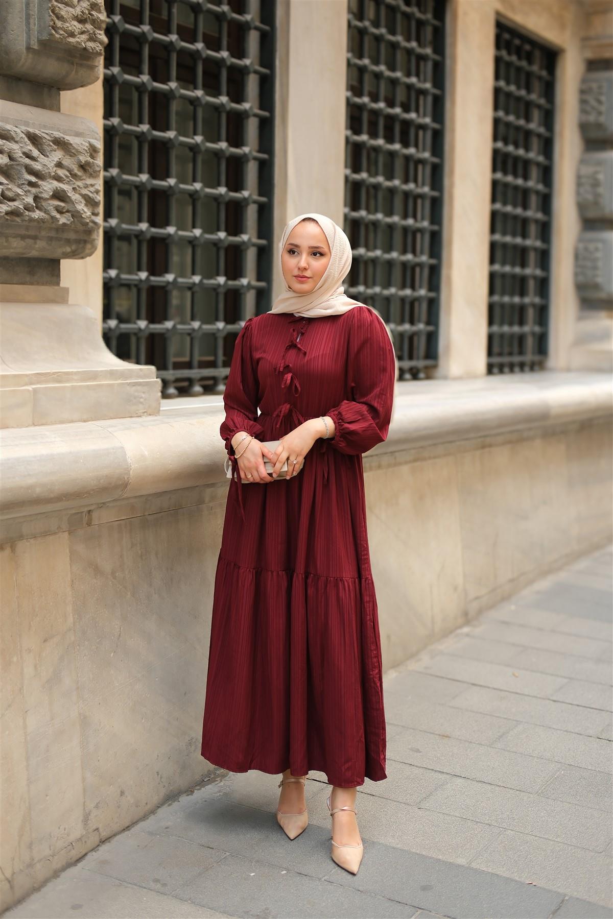 Bel Büzgülü Elbise Bordo