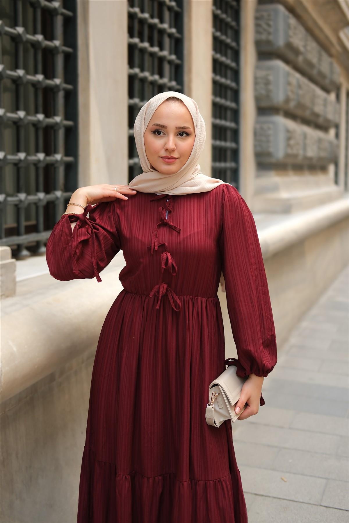 Bel Büzgülü Elbise Bordo
