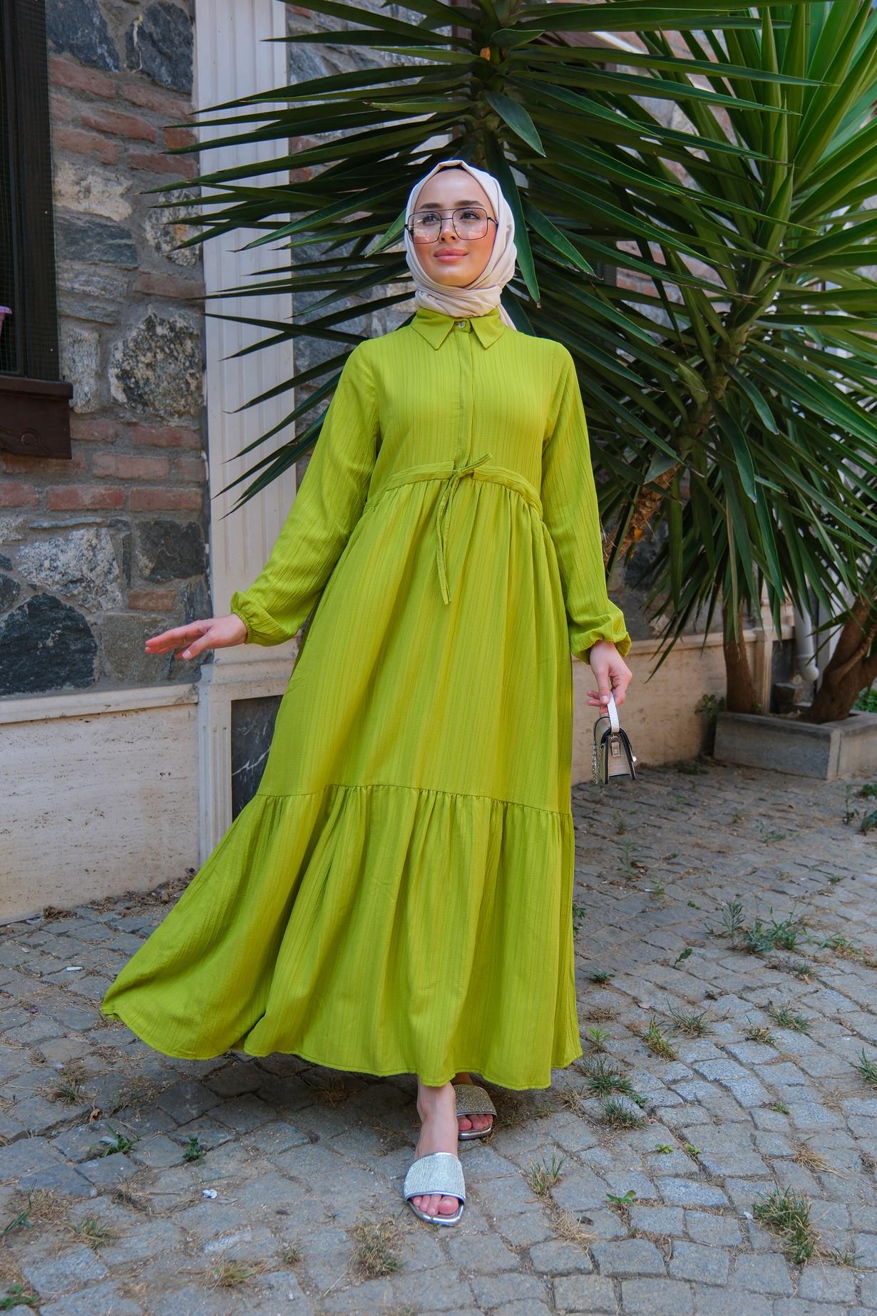 Bel Büzgülü Elbise Fıstık Yeşili