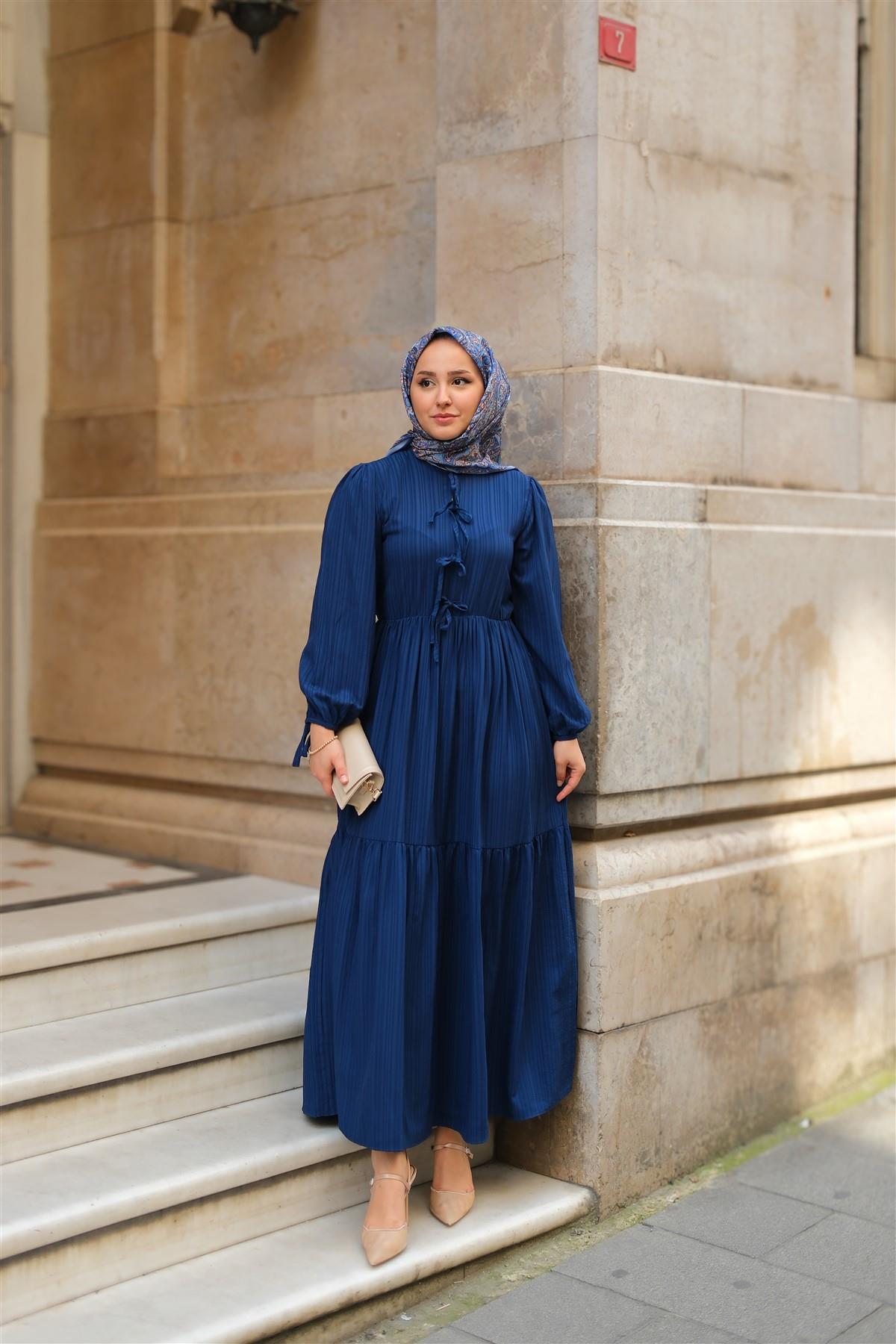 Bel Büzgülü Elbise Lacivert