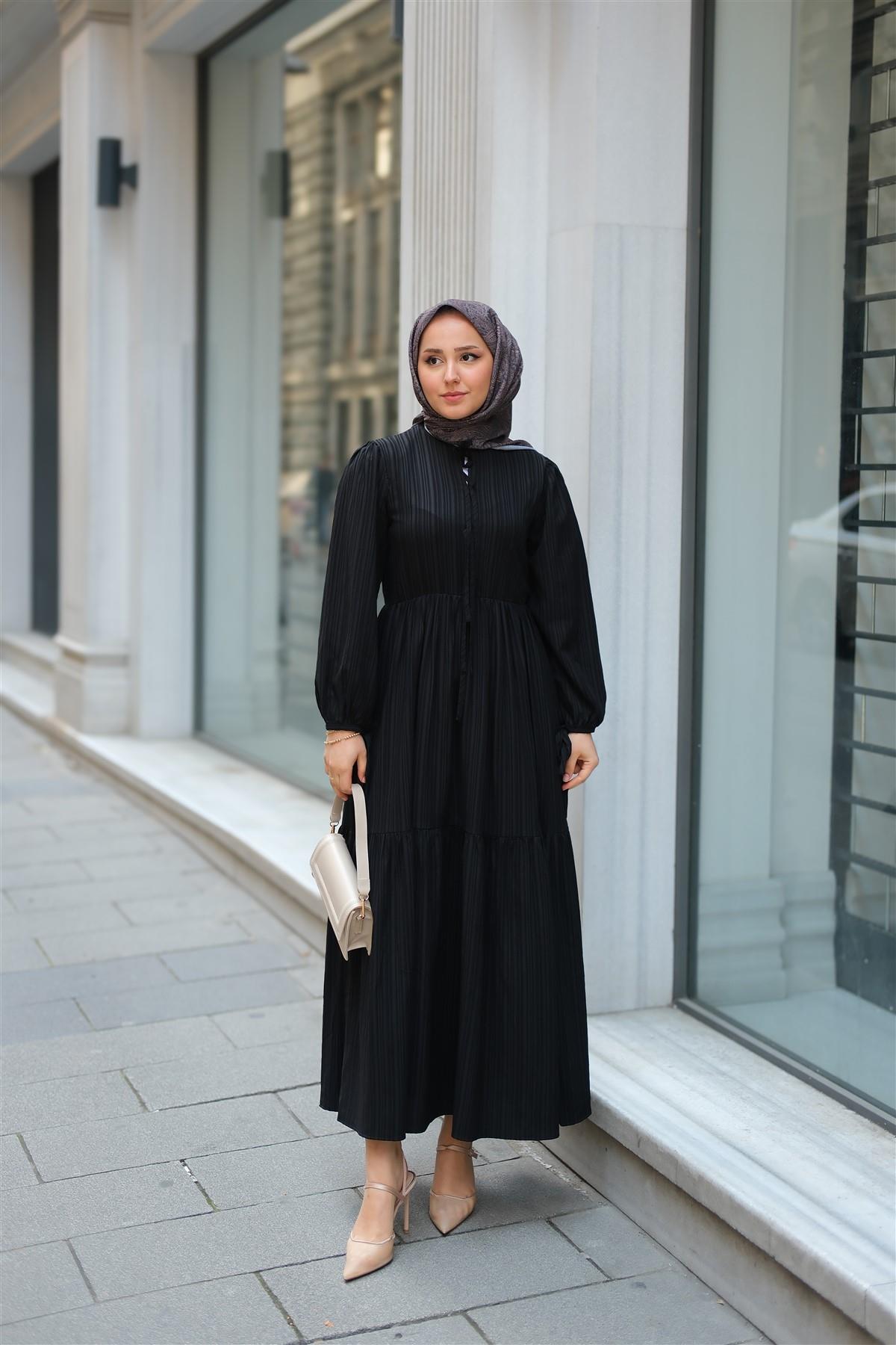 Bel Büzgülü Elbise Siyah