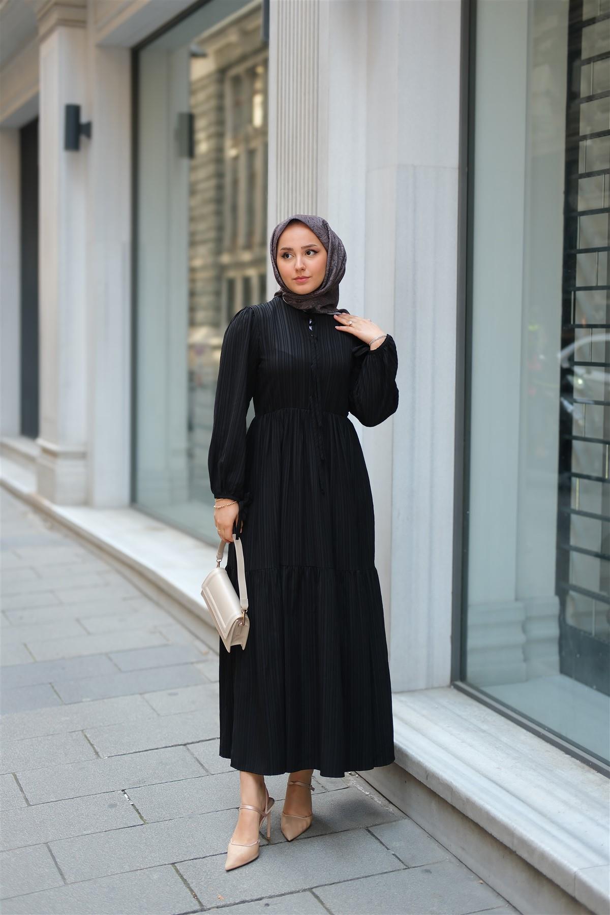 Bel Büzgülü Elbise Siyah