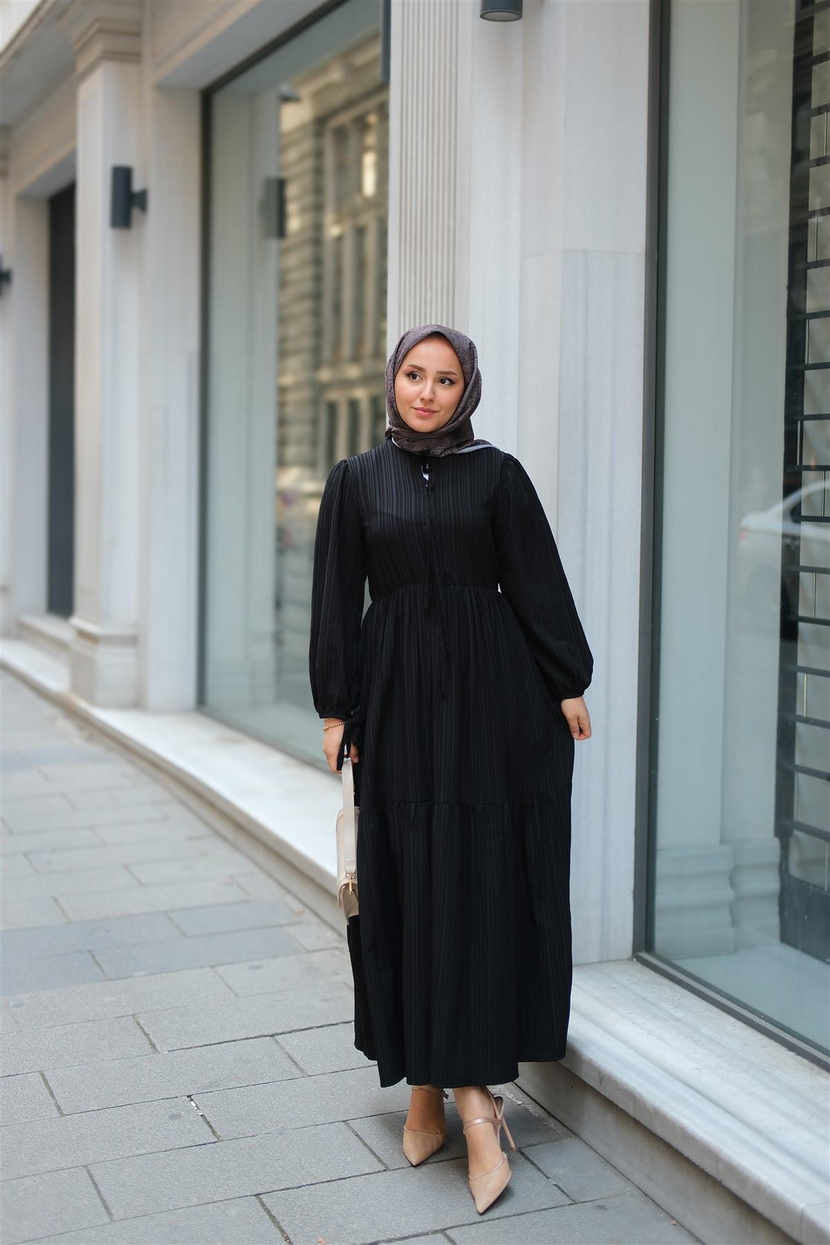 Bel Büzgülü Elbise Siyah