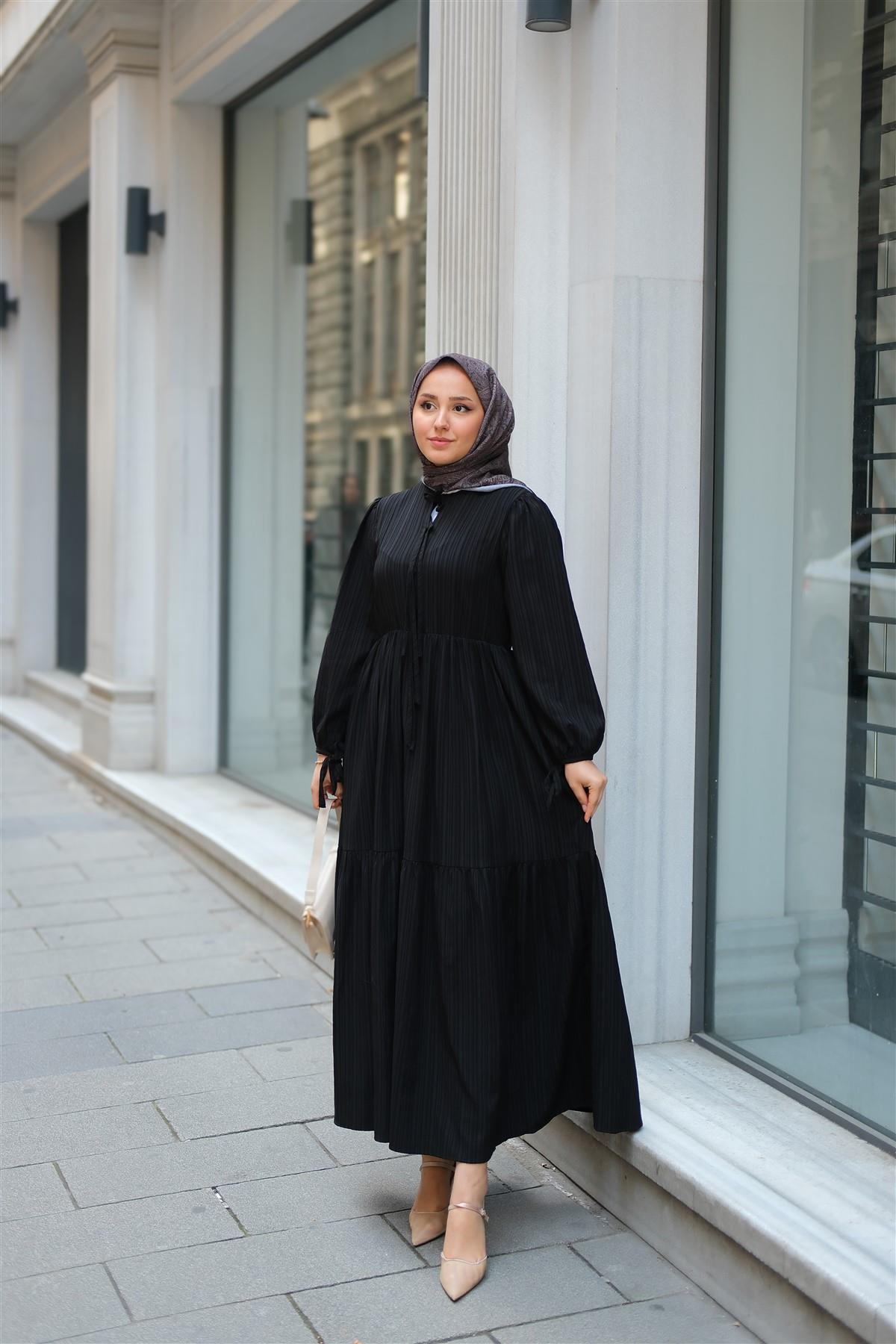 Bel Büzgülü Elbise Siyah