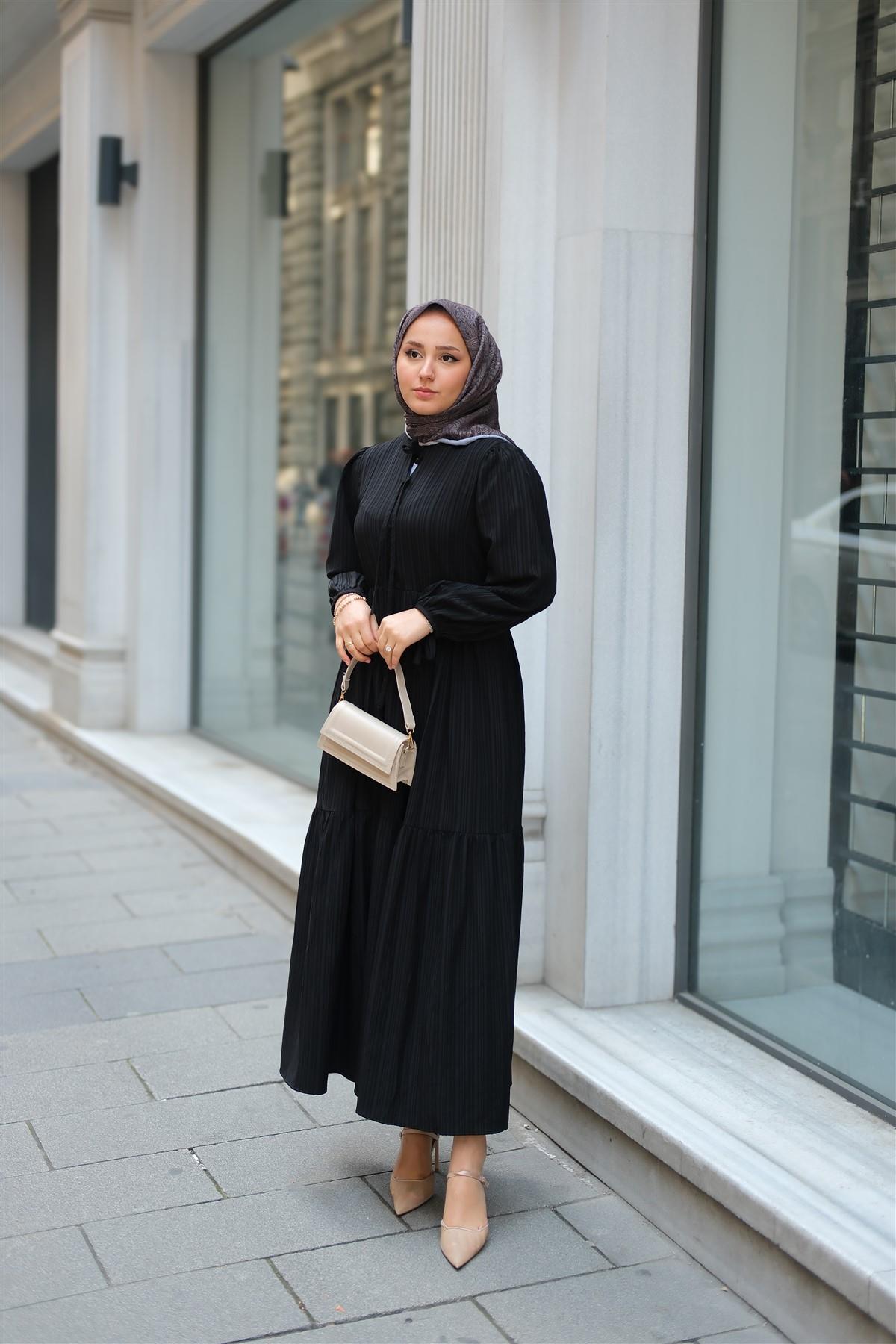 Bel Büzgülü Elbise Siyah