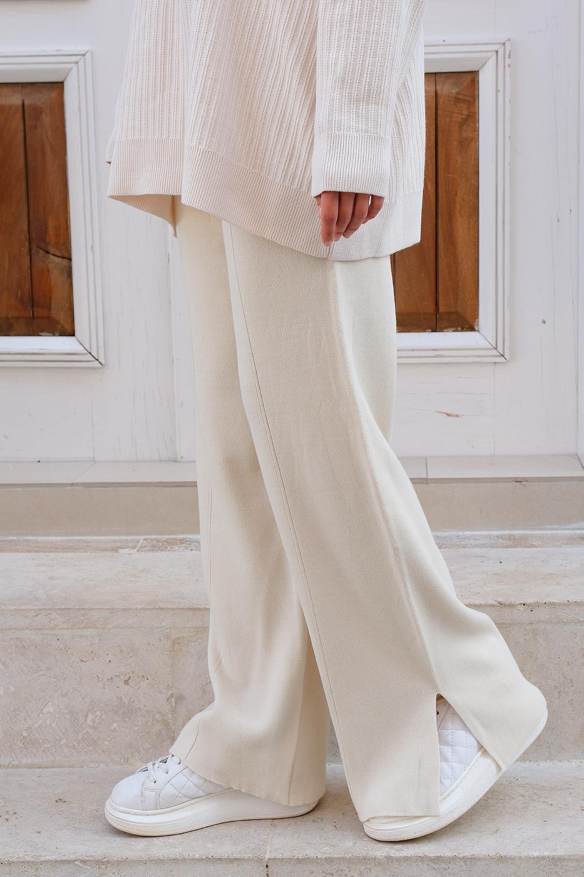 Bel Lastikli Bol Paça Triko Pantolon Krem