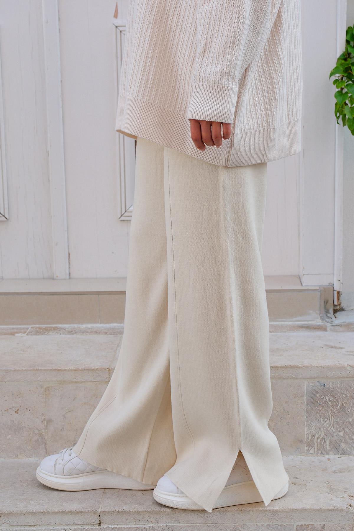 Bel Lastikli Bol Paça Triko Pantolon Krem