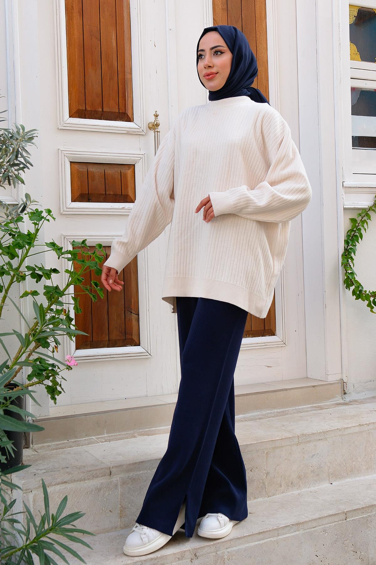 Bel Lastikli Bol Paça Triko Pantolon Lacivert