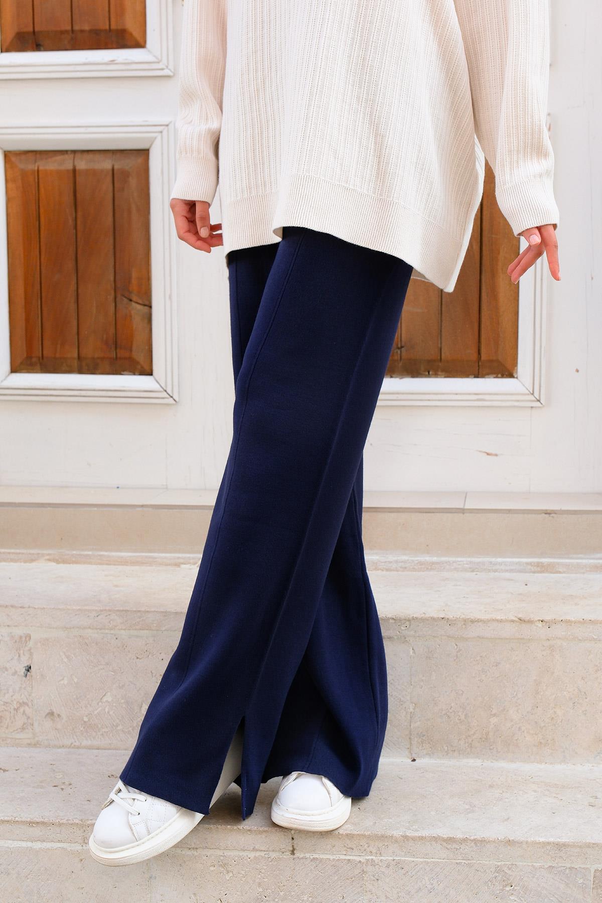 Bel Lastikli Bol Paça Triko Pantolon Lacivert