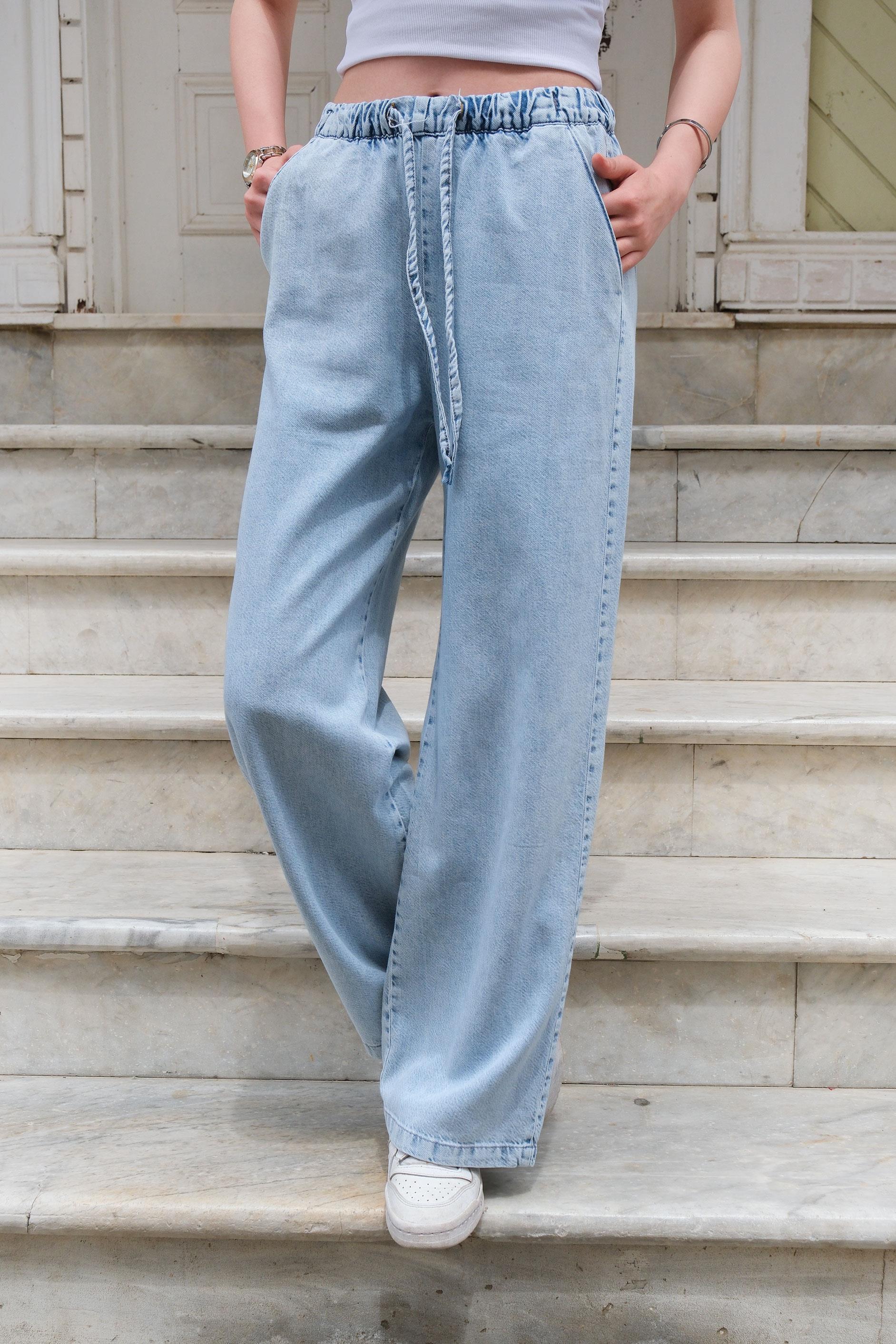 Bel Lastikli Bol Pantolon Buz Mavi