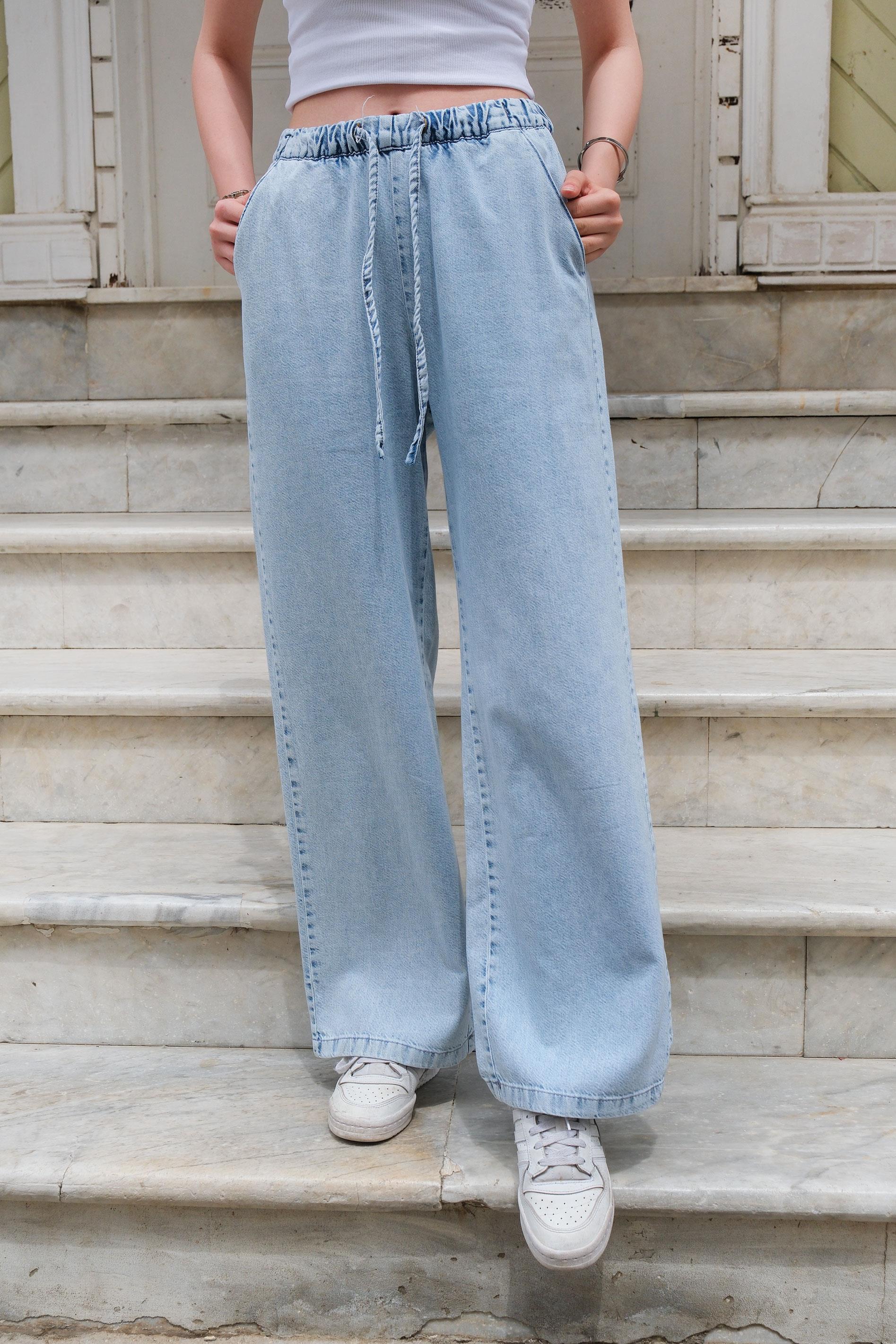 Bel Lastikli Bol Pantolon Buz Mavi