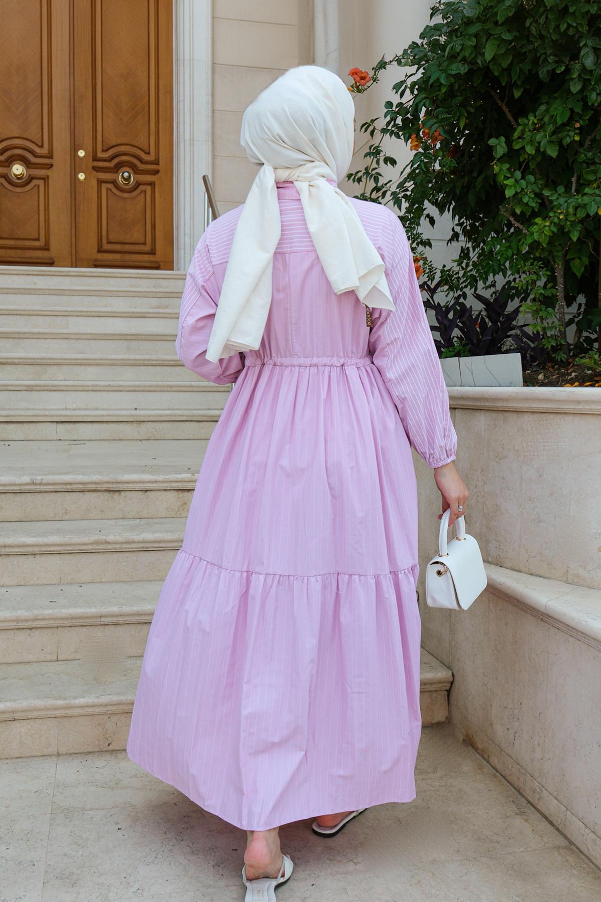 Bel Lastikli Çizgili Elbise Pembe