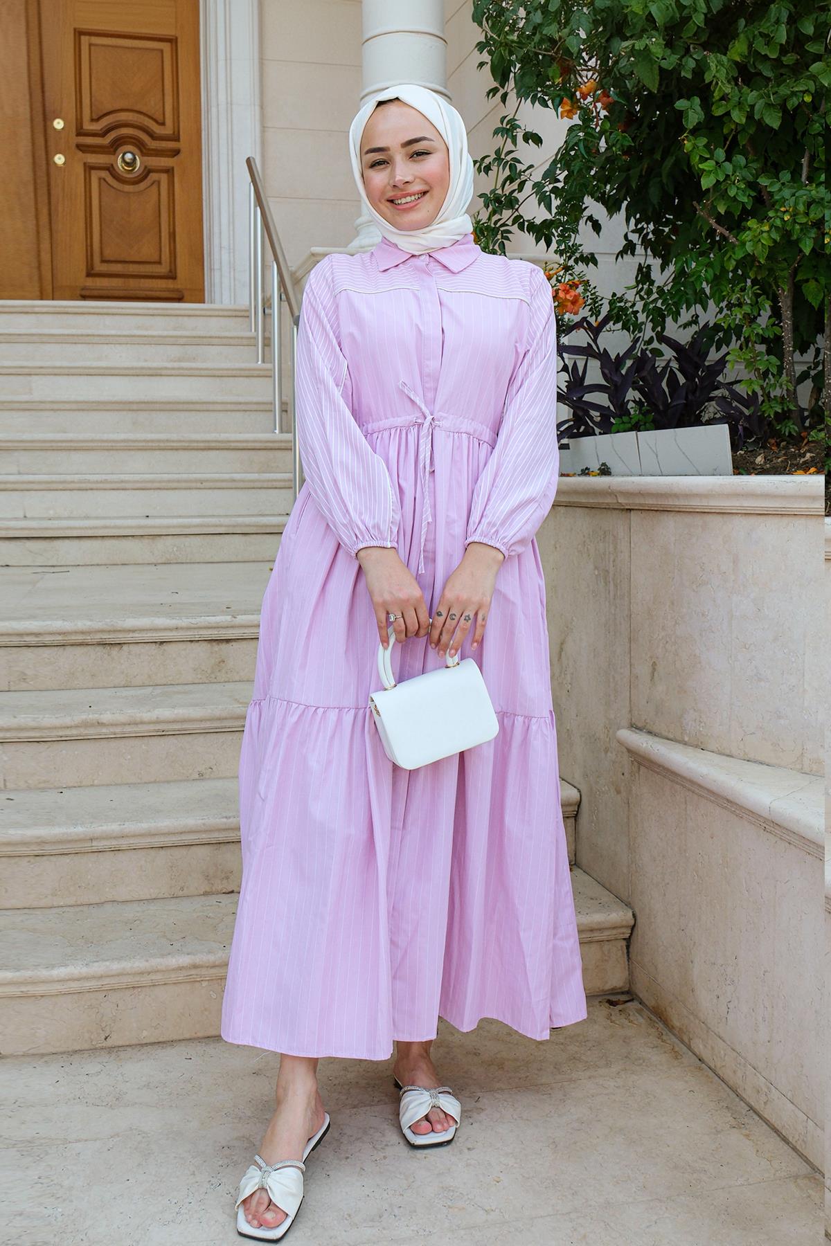 Bel Lastikli Çizgili Elbise Pembe