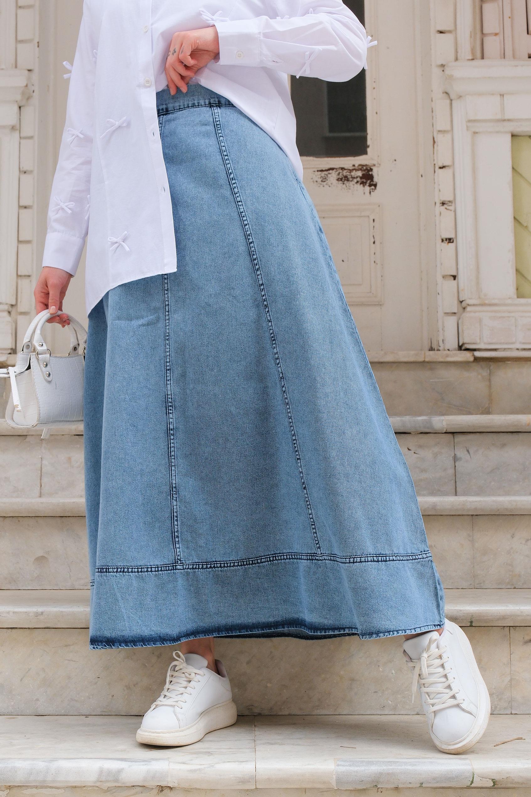 Bel Lastikli Kot Etek  Mavi