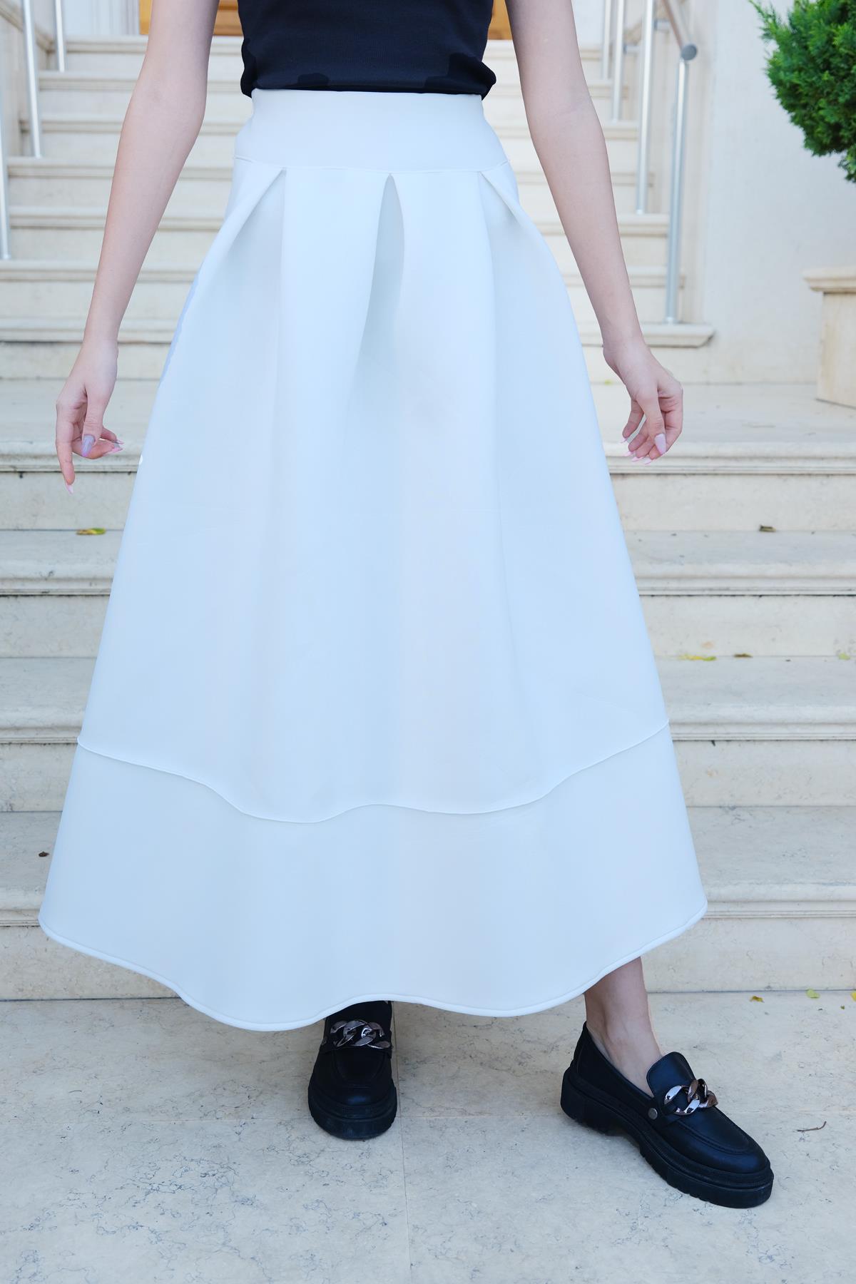 Belden Pileli Scuba Etek Beyaz