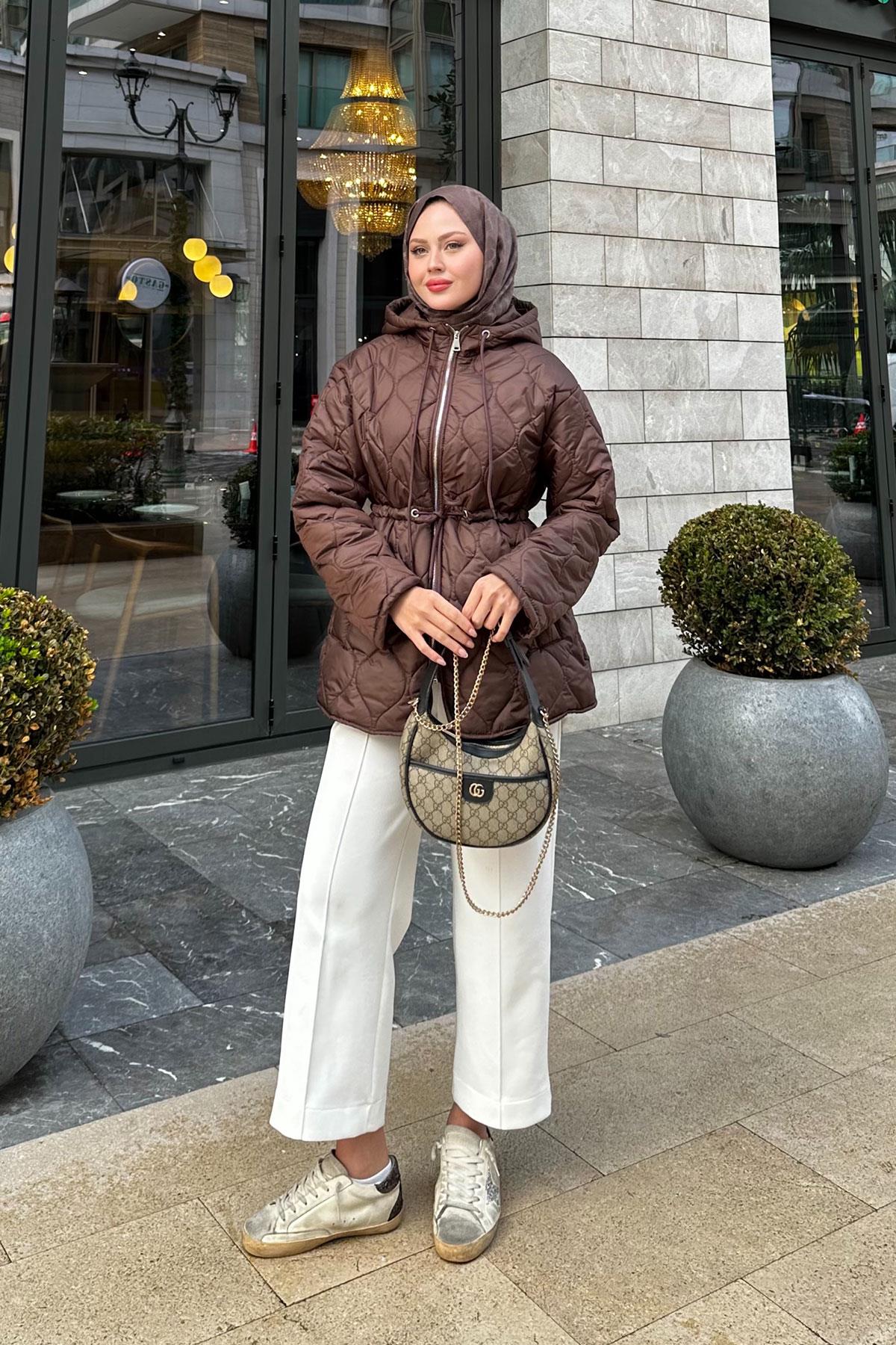 Beli Ayarlanabilir Kapitone Mont Kahverengi