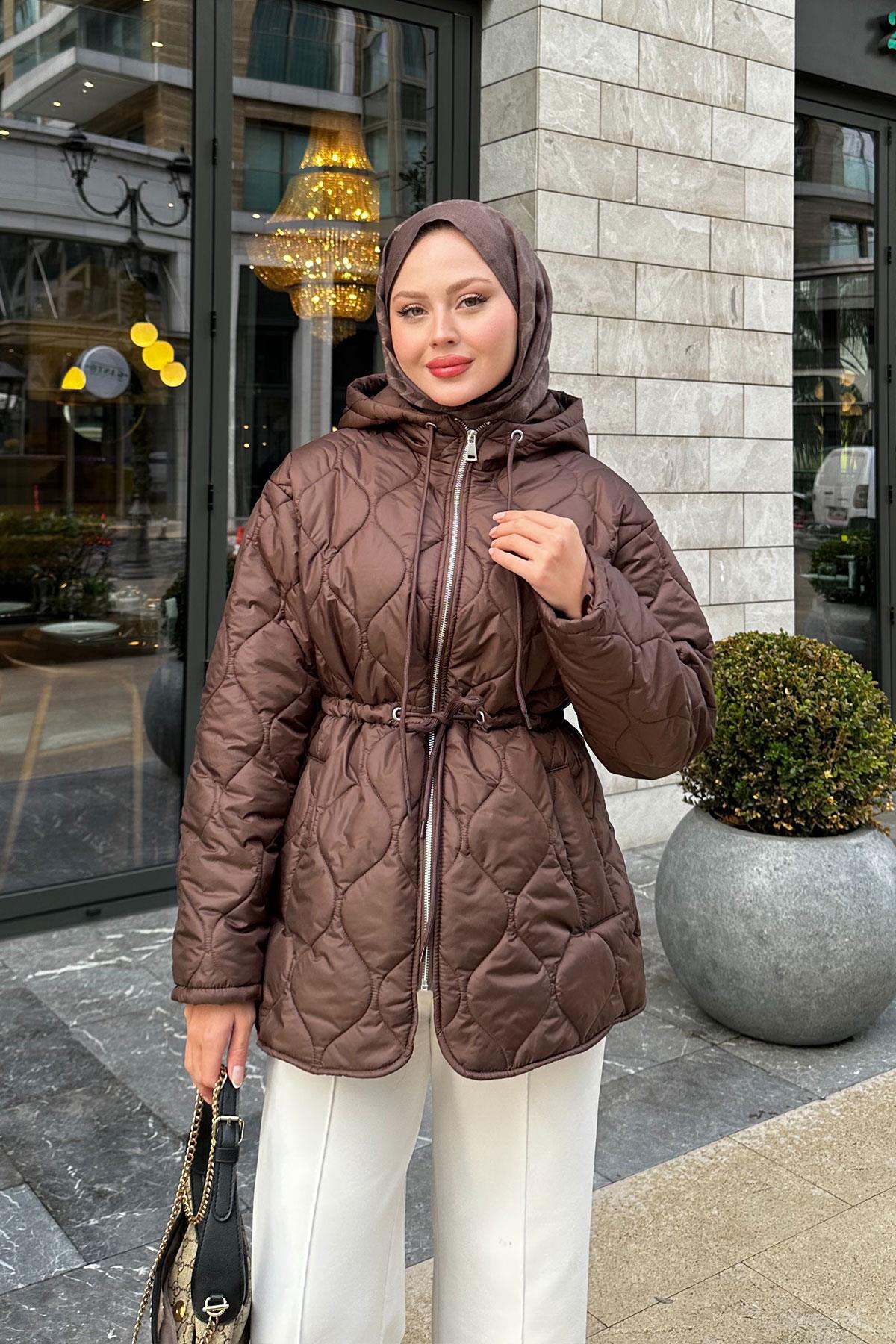 Beli Ayarlanabilir Kapitone Mont Kahverengi