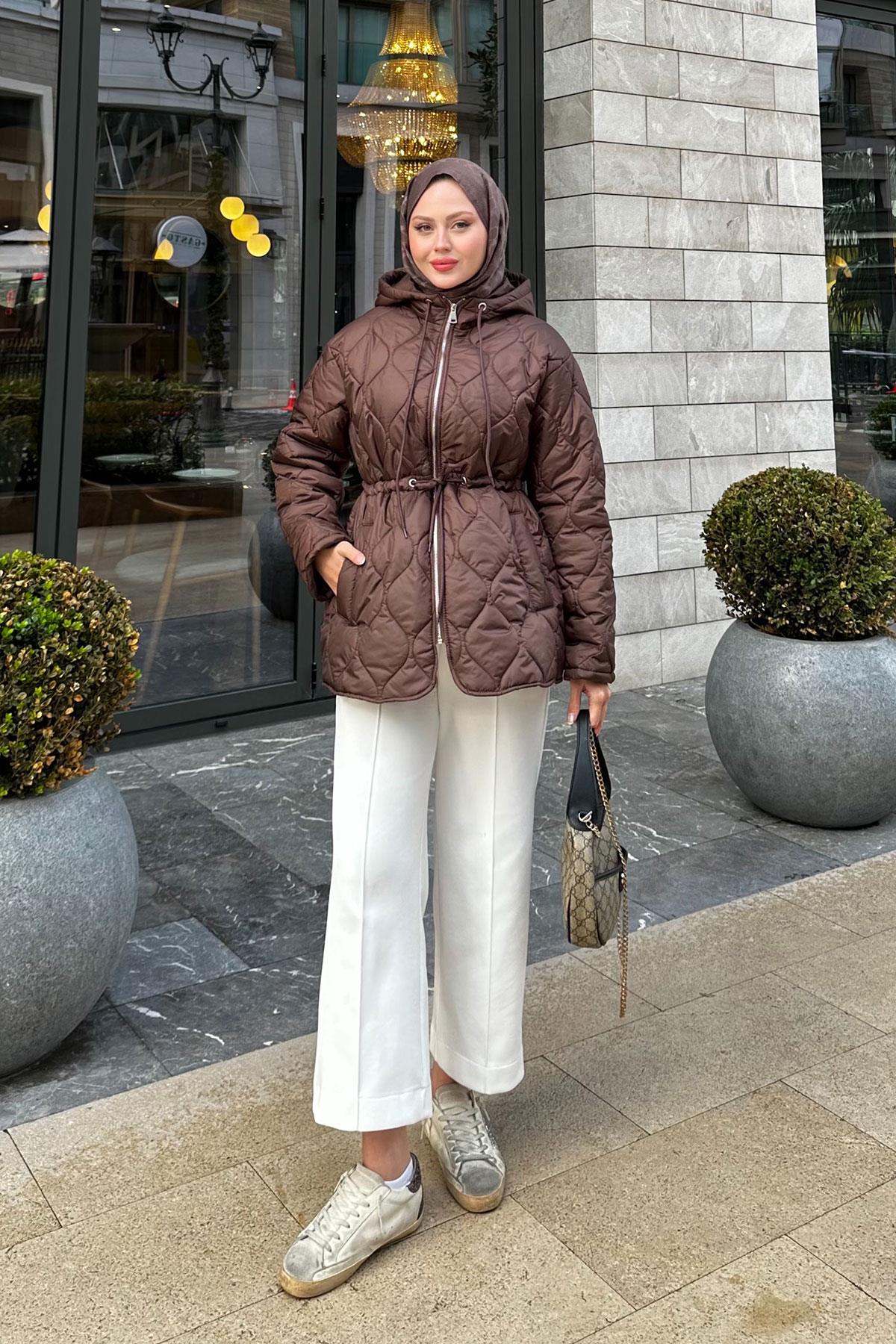 Beli Ayarlanabilir Kapitone Mont Kahverengi