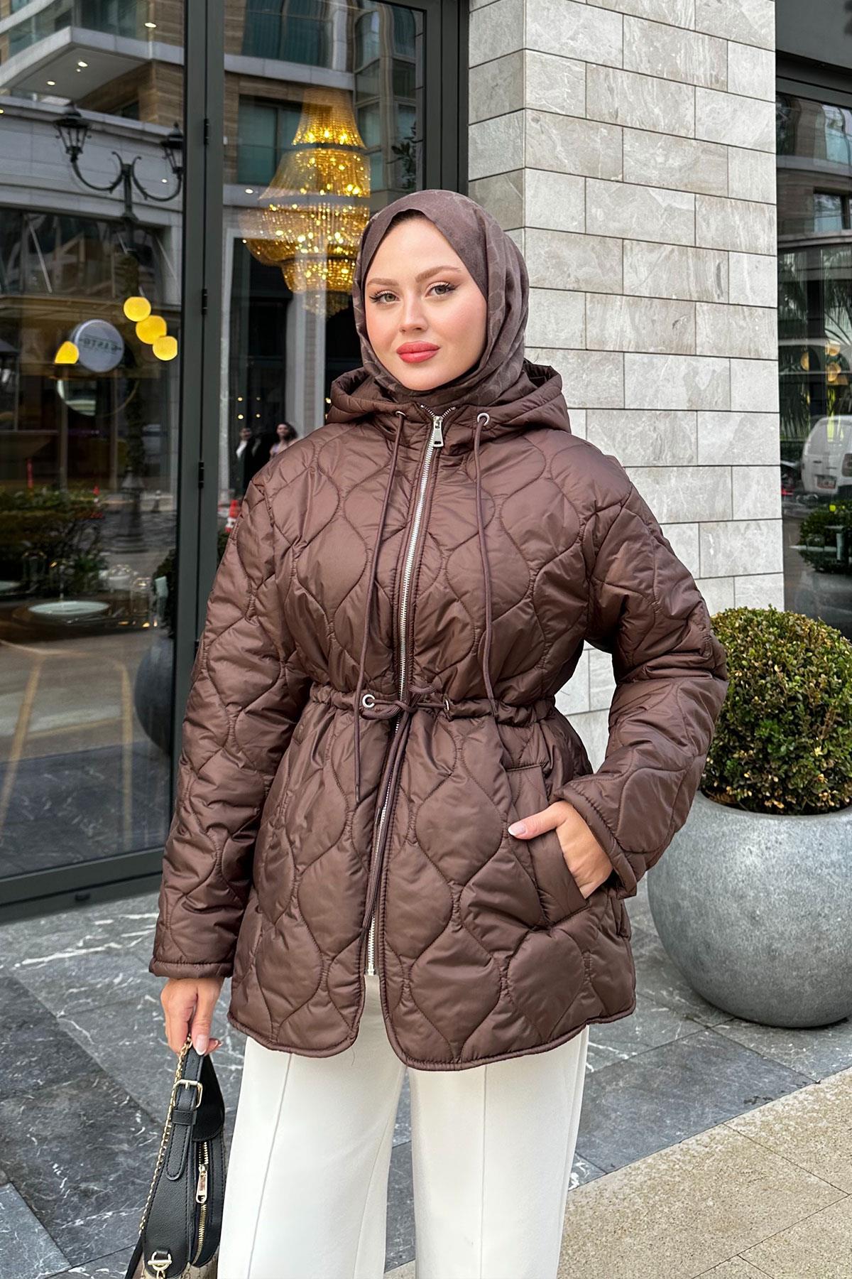 Beli Ayarlanabilir Kapitone Mont Kahverengi