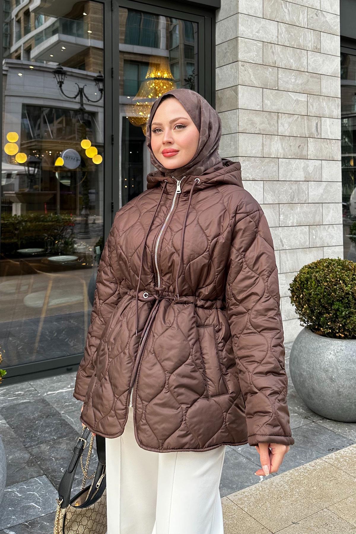 Beli Ayarlanabilir Kapitone Mont Kahverengi