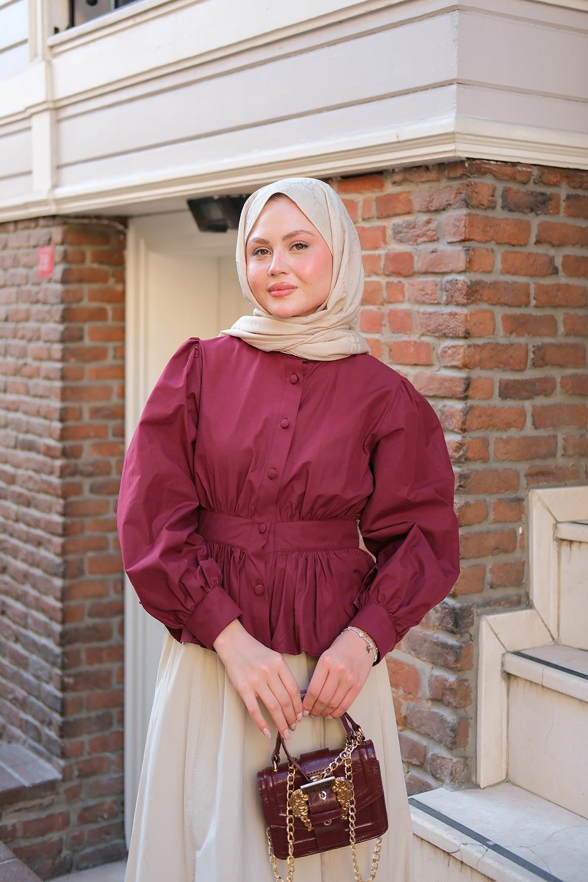 Beli Büzgü Detaylı Gömlek Bordo