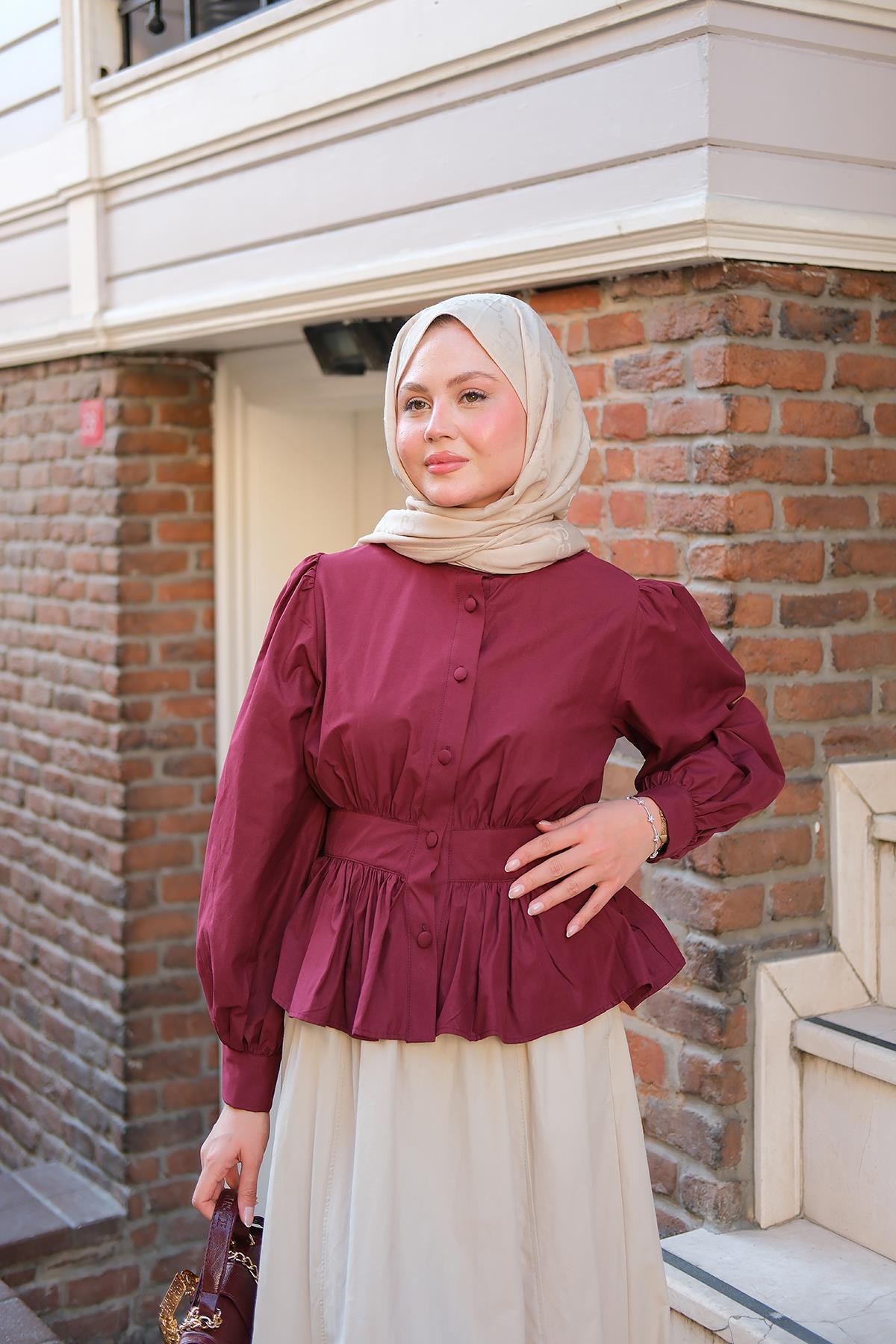 Beli Büzgü Detaylı Gömlek Bordo